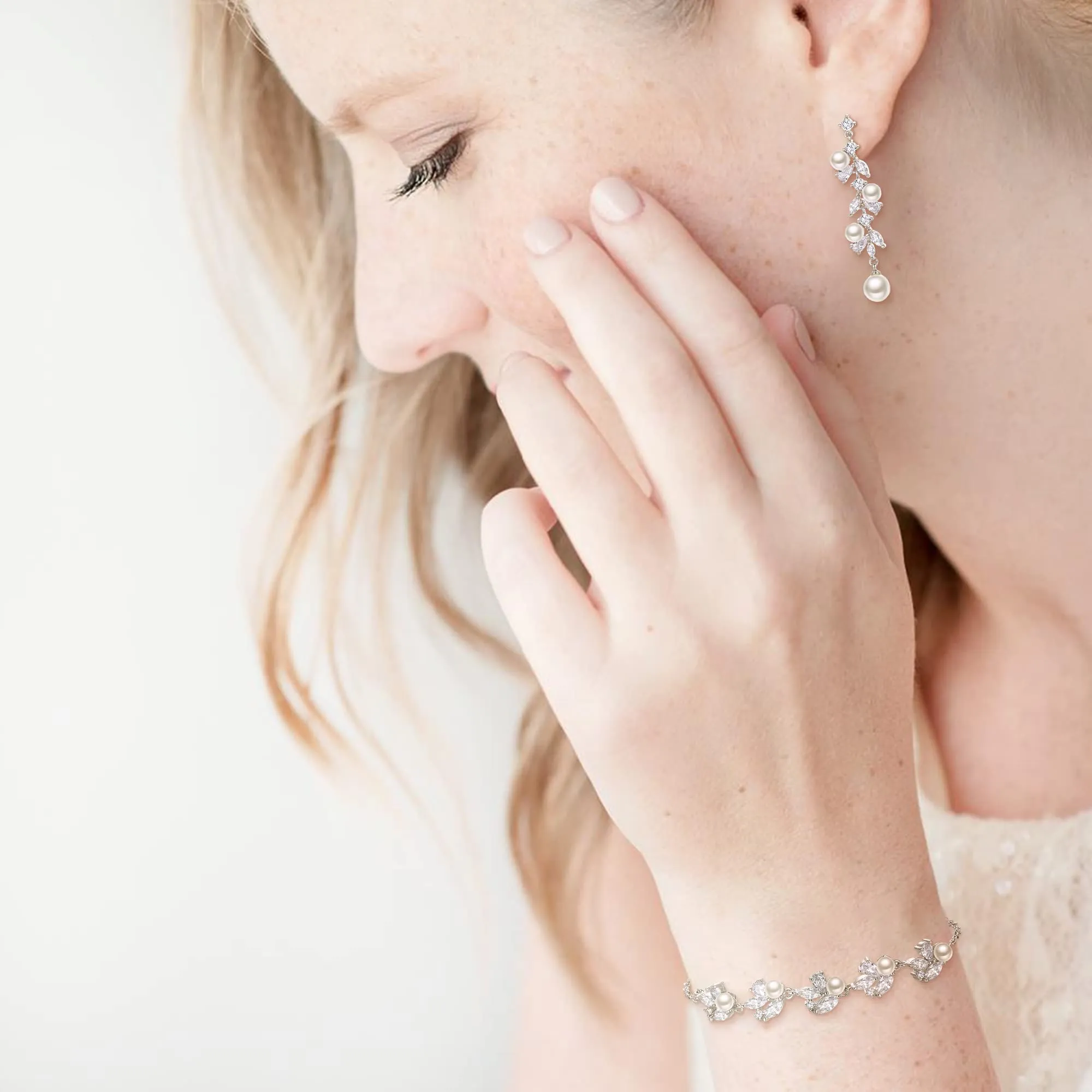 Clearine Sposa Perla Set di Gioielli per Donne Colore Avorio Simulato Marquise Zirconia cubica Cluster Pendant Collana Orecchini Pendenti Braclet - immagine 3