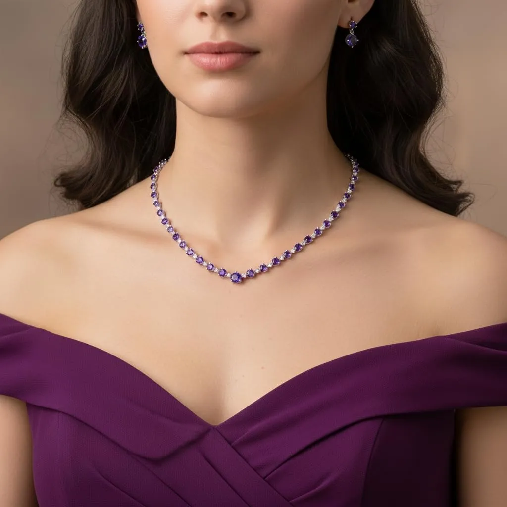 EVER FAITH Gioielli da Sposa Donna Rotonda Taglio Pieno Collana Orecchini Viola Argento-Fondo - immagine 2