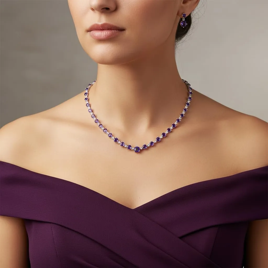 EVER FAITH Gioielli da Sposa Donna Rotonda Taglio Pieno Collana Orecchini Viola Argento-Fondo - immagine 3