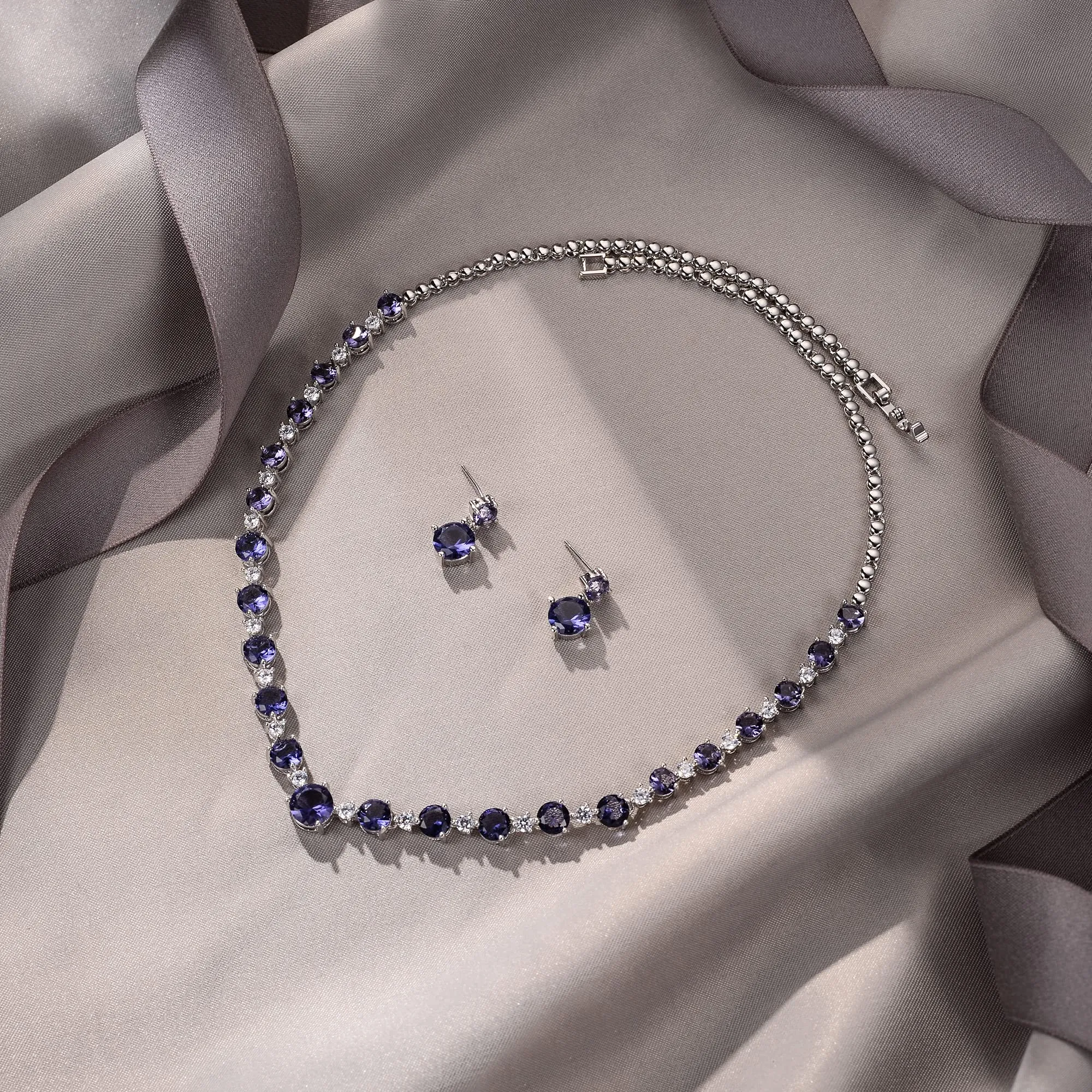 EVER FAITH Gioielli da Sposa Donna Rotonda Taglio Pieno Collana Orecchini Viola Argento-Fondo - immagine 4