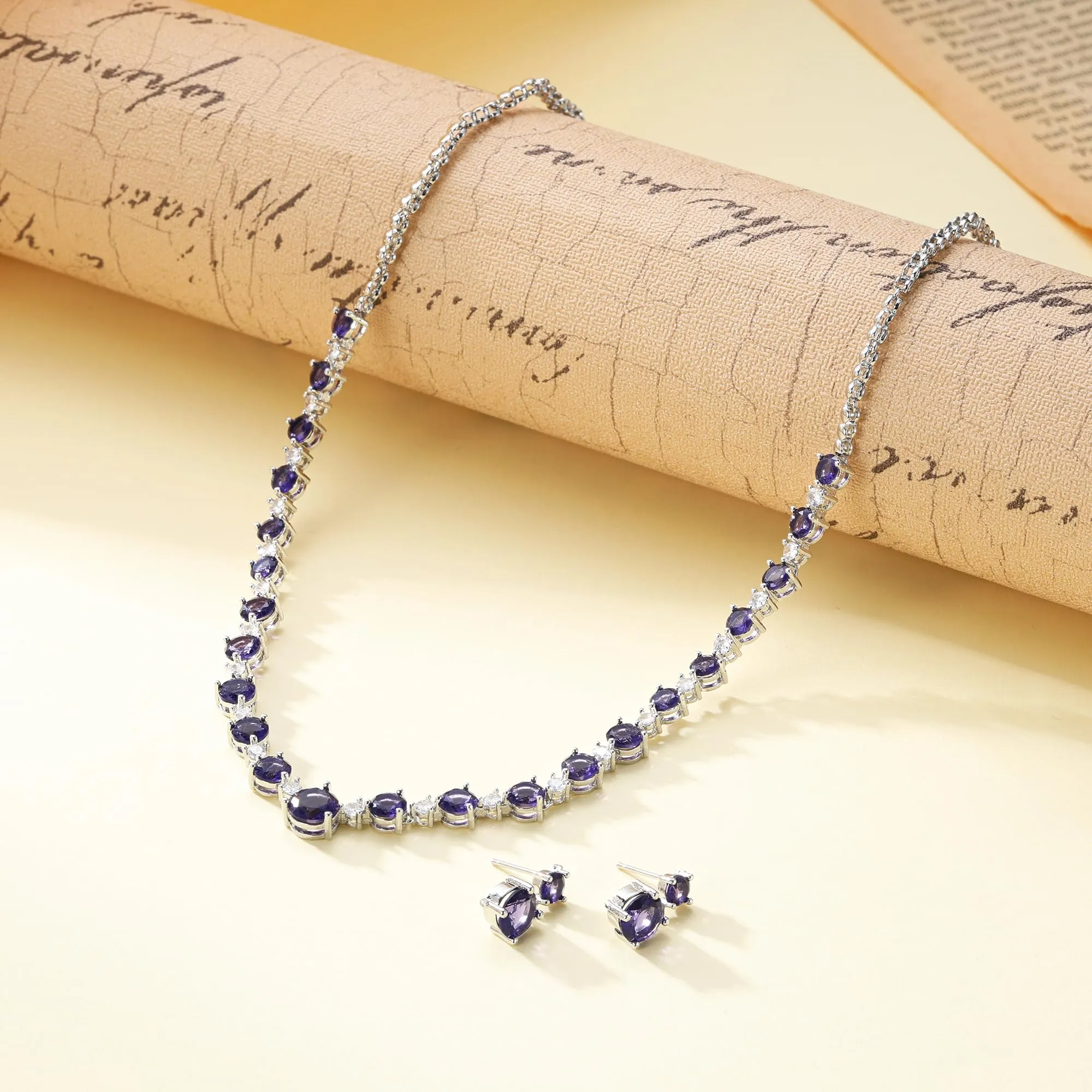 EVER FAITH Gioielli da Sposa Donna Rotonda Taglio Pieno Collana Orecchini Viola Argento-Fondo - immagine 5