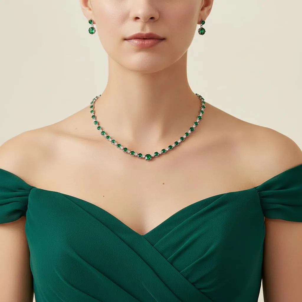 EVER FAITH Gioielli Sposa Donna Pieno Rotonda CZ Collana Orecchini Set Verde Argento-fondo - immagine 2