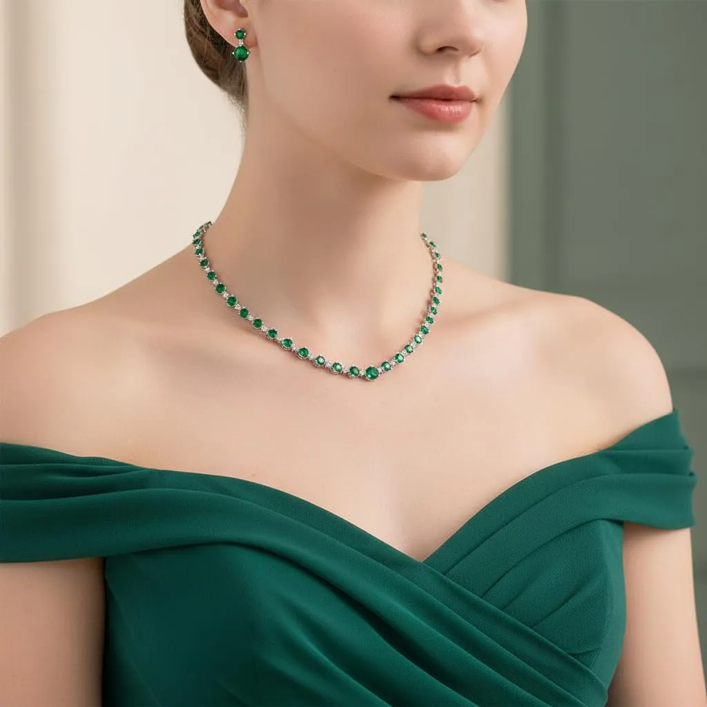 EVER FAITH Gioielli Sposa Donna Pieno Rotonda CZ Collana Orecchini Set Verde Argento-fondo - immagine 3