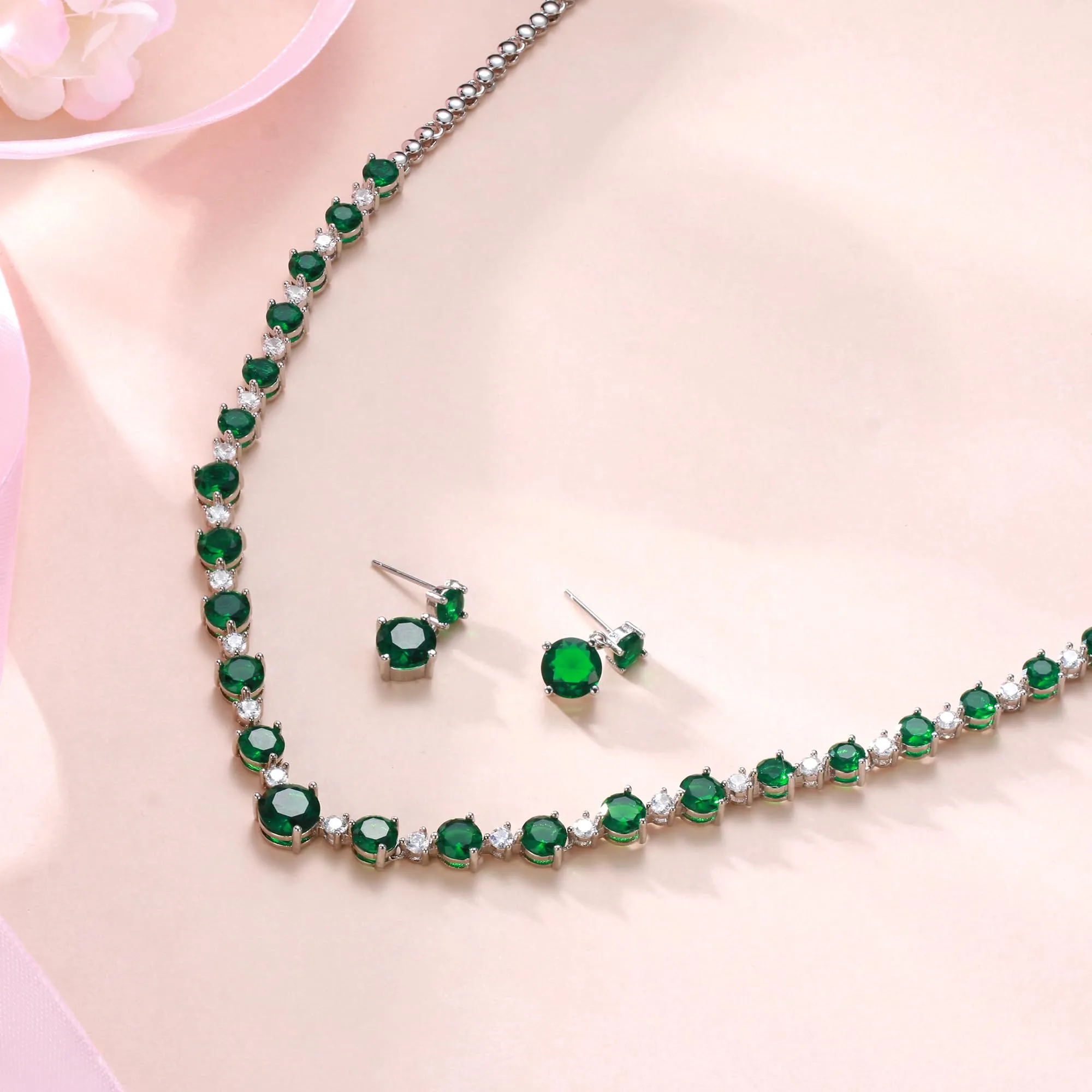 EVER FAITH Gioielli Sposa Donna Pieno Rotonda CZ Collana Orecchini Set Verde Argento-fondo - immagine 5