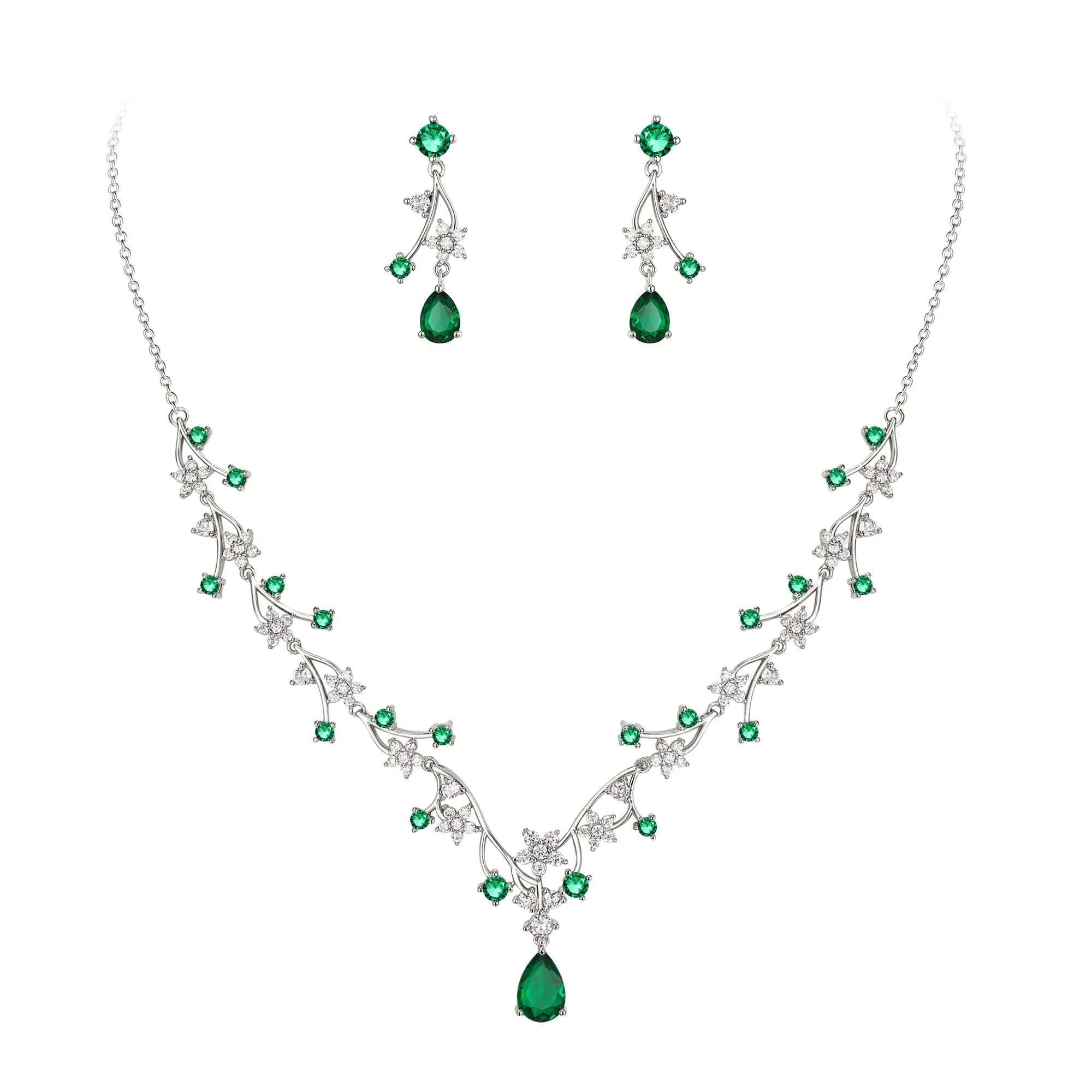 EVER FAITH Set di gioielli per la sposa Rotondo Goccia Zircon Fiore Cluster Vine Pendant Collana Orecchini Verde Argento fondo - immagine 1