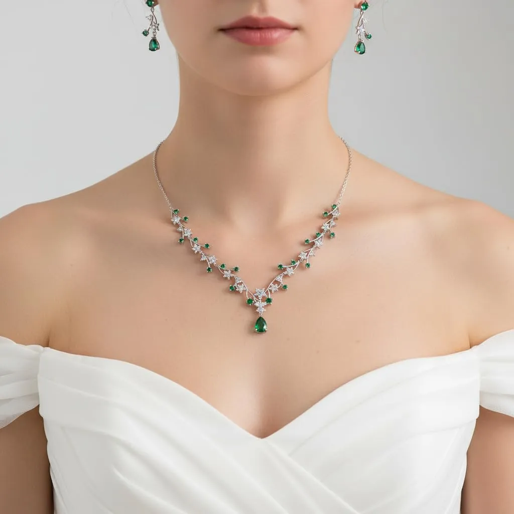 EVER FAITH Set di gioielli per la sposa Rotondo Goccia Zircon Fiore Cluster Vine Pendant Collana Orecchini Verde Argento fondo - immagine 2