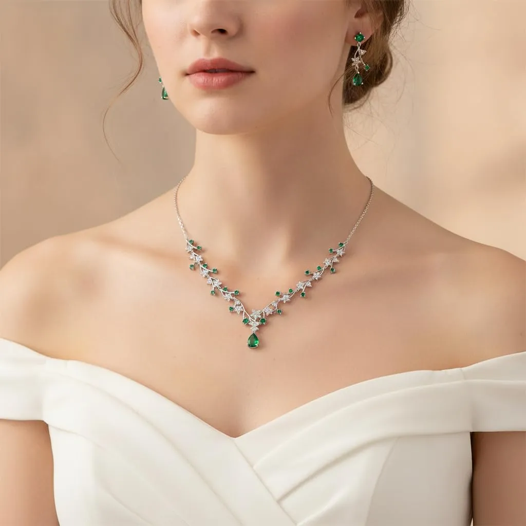 EVER FAITH Set di gioielli per la sposa Rotondo Goccia Zircon Fiore Cluster Vine Pendant Collana Orecchini Verde Argento fondo - immagine 3
