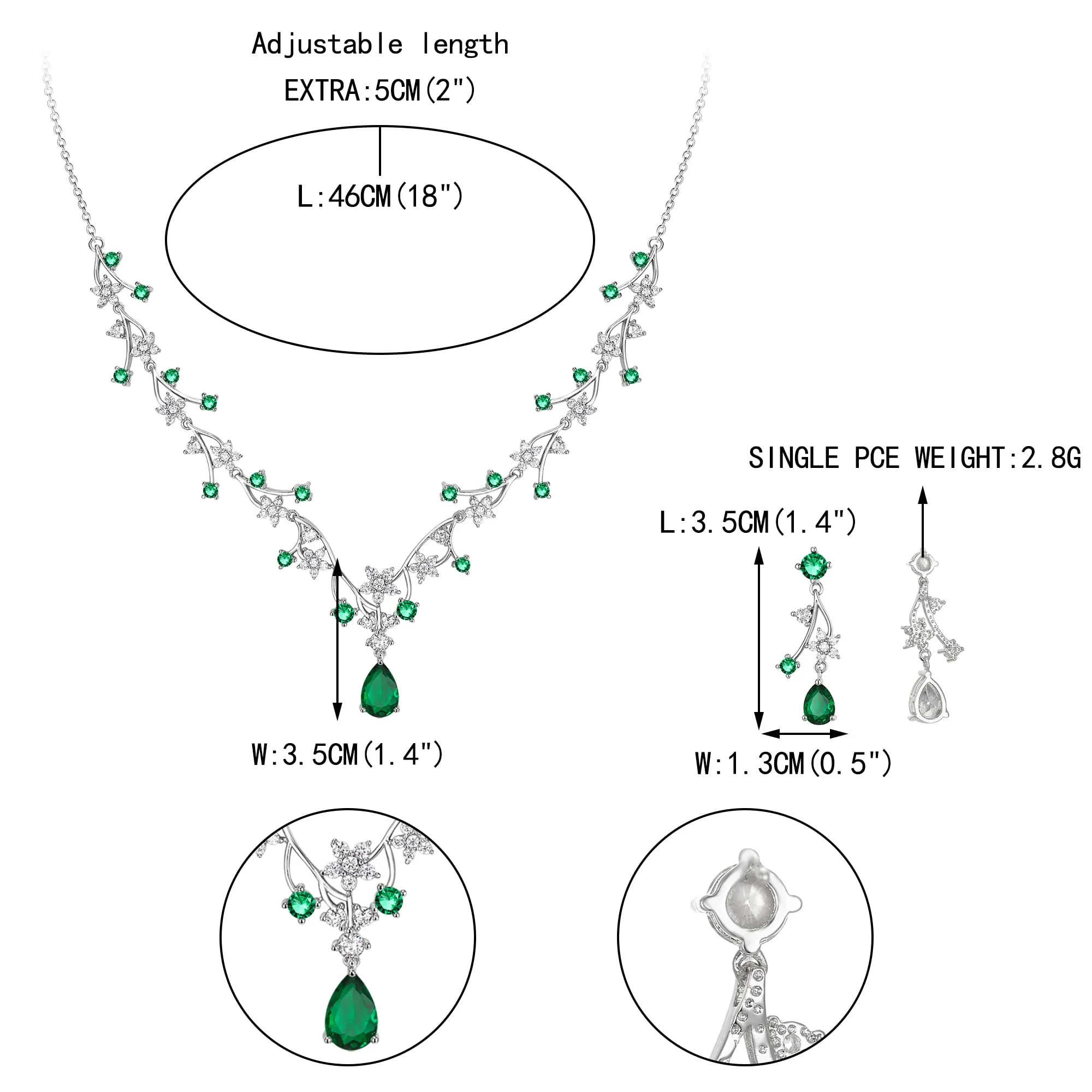 EVER FAITH Set di gioielli per la sposa Rotondo Goccia Zircon Fiore Cluster Vine Pendant Collana Orecchini Verde Argento fondo - immagine 5