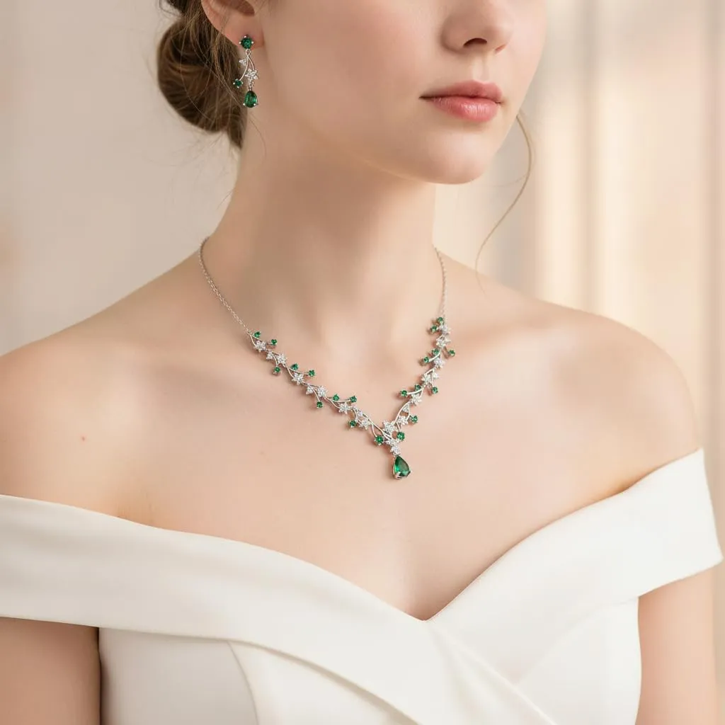 EVER FAITH Set di gioielli per la sposa Rotondo Goccia Zircon Fiore Cluster Vine Pendant Collana Orecchini Verde Argento fondo - immagine 6