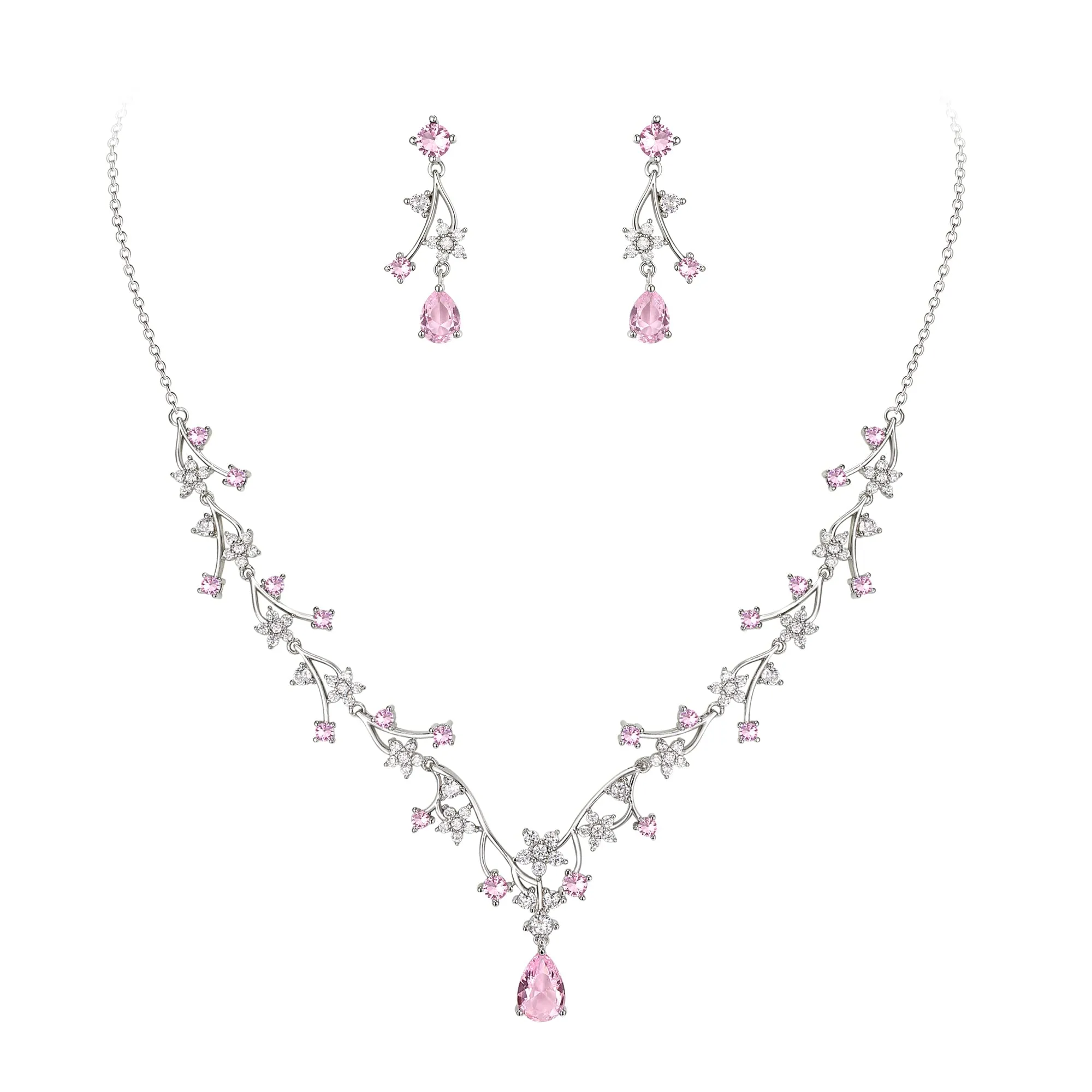 EVER FAITH Set di Gioielli per la Sposa Rotondo Goccia Zircone Fiore Cluster Vine Collana Orecchini Rosa Argento Fondo - immagine 1