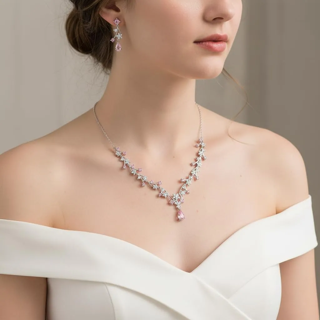 EVER FAITH Set di Gioielli per la Sposa Rotondo Goccia Zircone Fiore Cluster Vine Collana Orecchini Rosa Argento Fondo - immagine 2