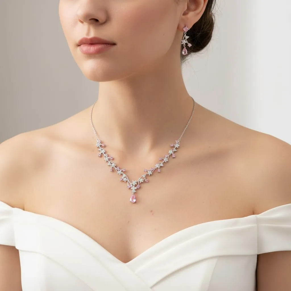 EVER FAITH Set di Gioielli per la Sposa Rotondo Goccia Zircone Fiore Cluster Vine Collana Orecchini Rosa Argento Fondo - immagine 3