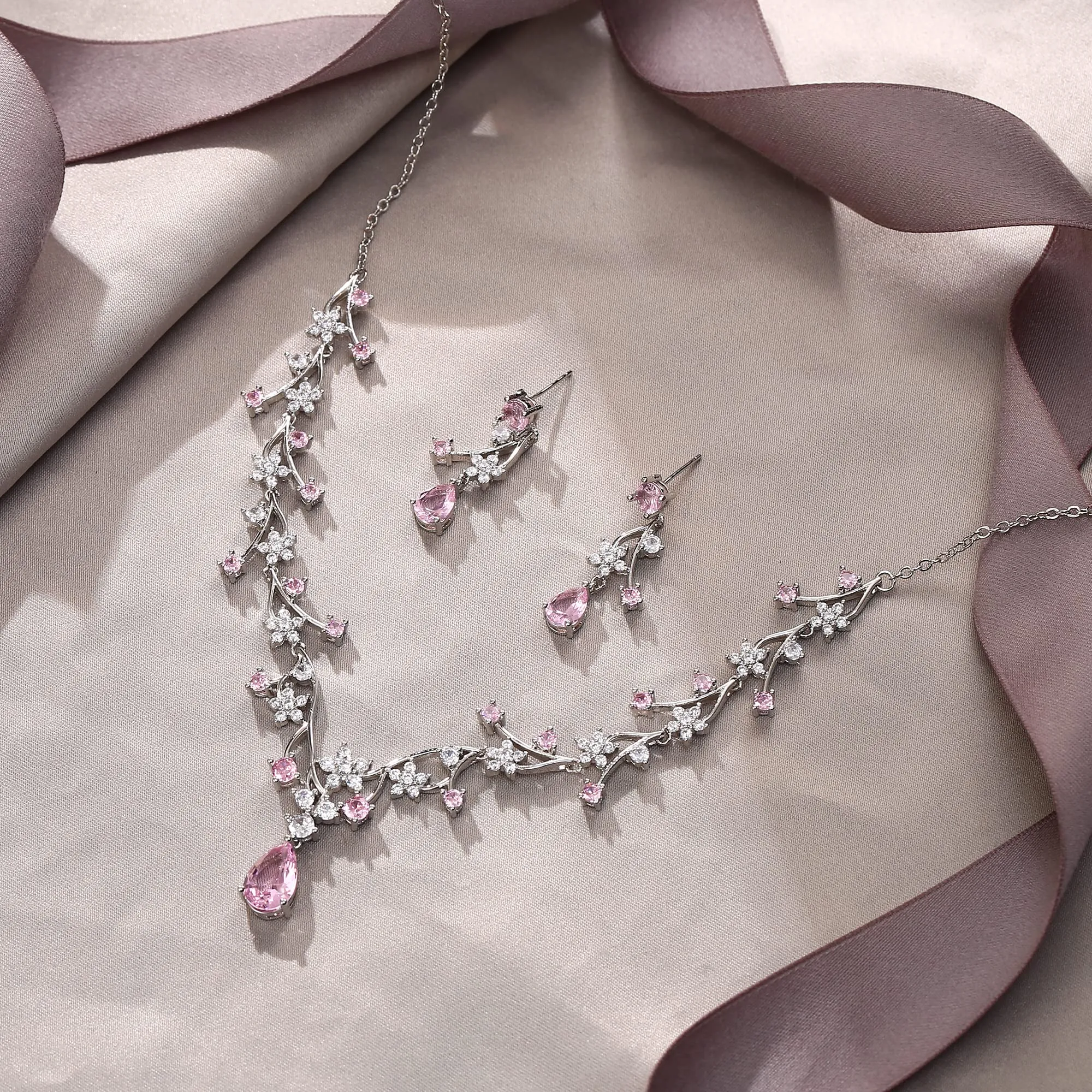 EVER FAITH Set di Gioielli per la Sposa Rotondo Goccia Zircone Fiore Cluster Vine Collana Orecchini Rosa Argento Fondo - immagine 4