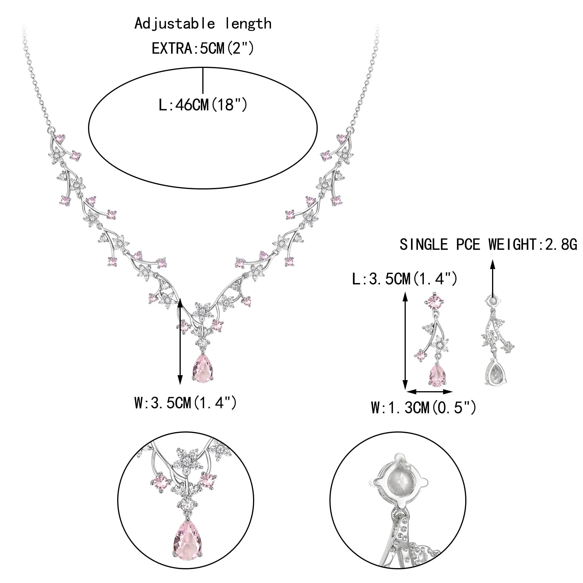 EVER FAITH Set di Gioielli per la Sposa Rotondo Goccia Zircone Fiore Cluster Vine Collana Orecchini Rosa Argento Fondo - immagine 5