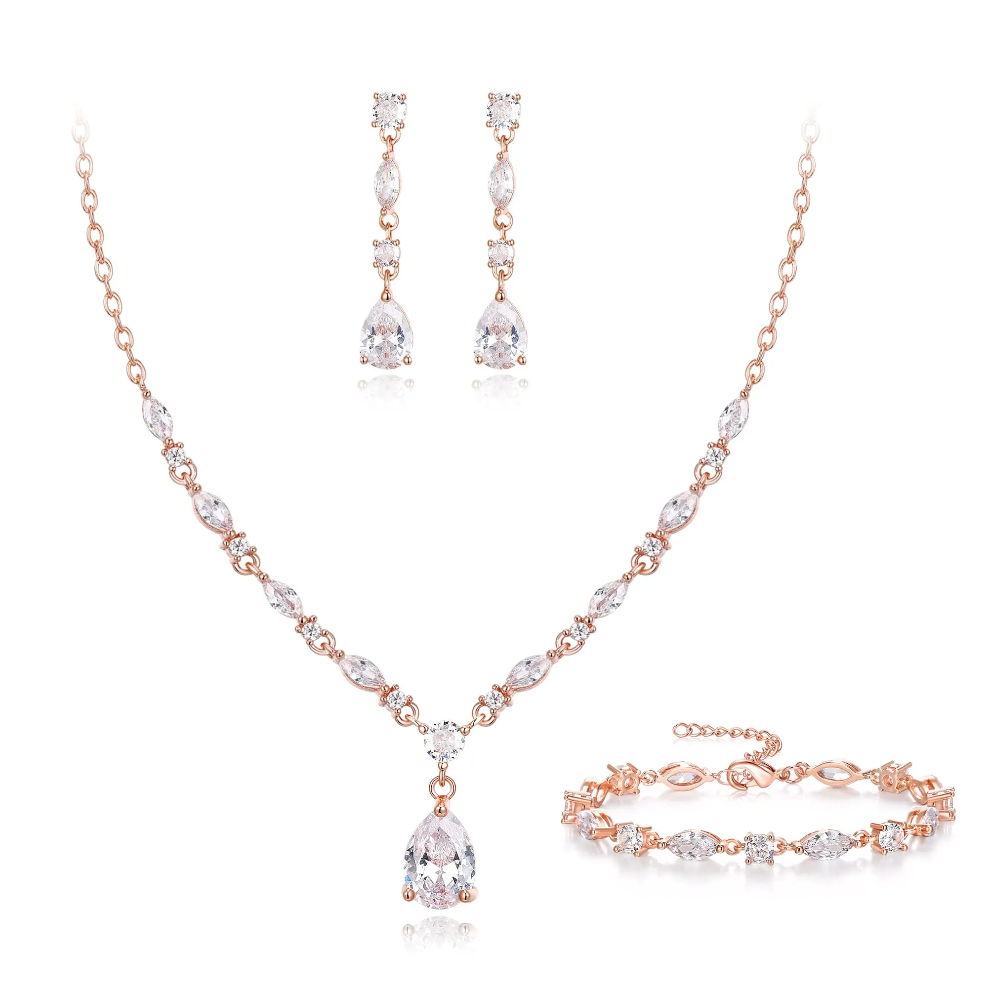 EVER FAITH Goccia Zirconia cubica Set di Gioielli da Sposa per la Damigella d'Onore, Scintillante CZ Elegante Collana Pendente Orecchini Pendenti per Le Donne Trasparente Rose Oro Fondo - immagine 1