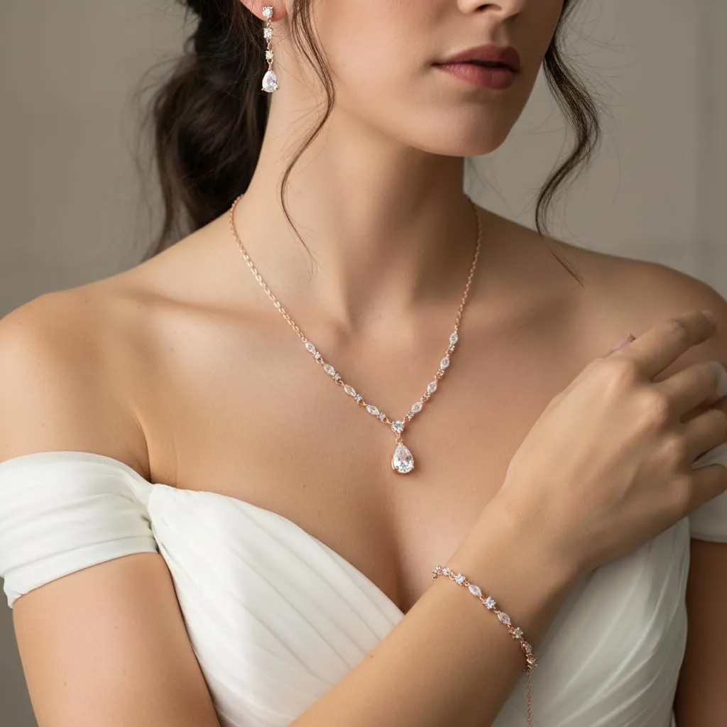 EVER FAITH Goccia Zirconia cubica Set di Gioielli da Sposa per la Damigella d'Onore, Scintillante CZ Elegante Collana Pendente Orecchini Pendenti per Le Donne Trasparente Rose Oro Fondo - immagine 2