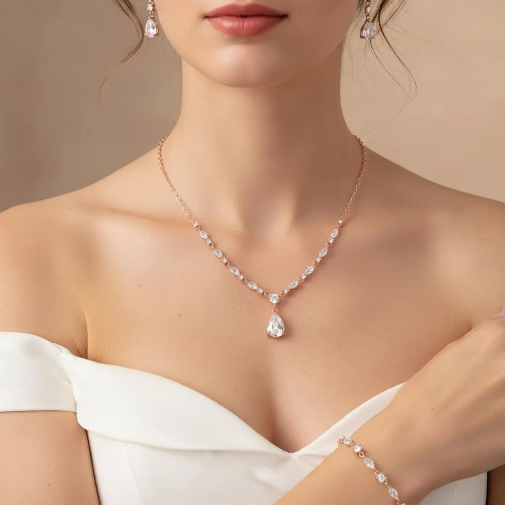 EVER FAITH Goccia Zirconia cubica Set di Gioielli da Sposa per la Damigella d'Onore, Scintillante CZ Elegante Collana Pendente Orecchini Pendenti per Le Donne Trasparente Rose Oro Fondo - immagine 3