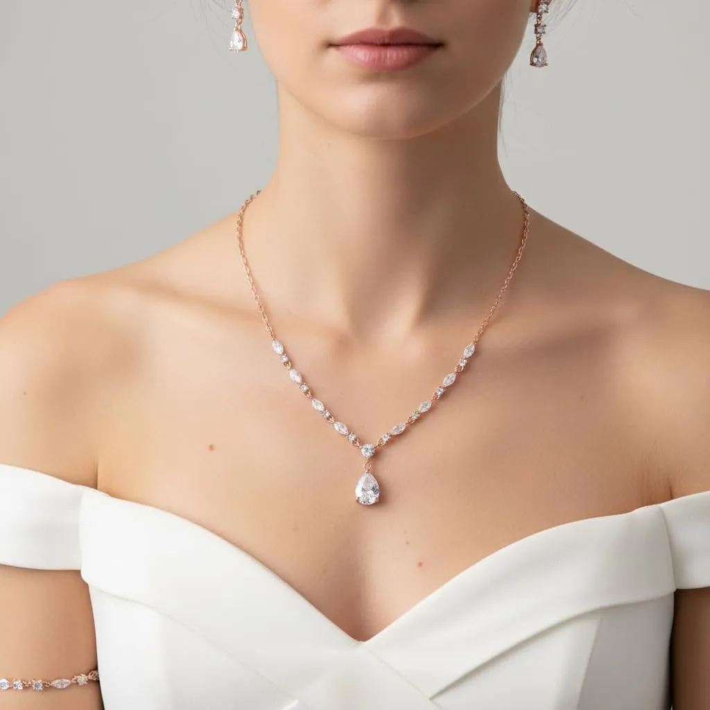 EVER FAITH Goccia Zirconia cubica Set di Gioielli da Sposa per la Damigella d'Onore, Scintillante CZ Elegante Collana Pendente Orecchini Pendenti per Le Donne Trasparente Rose Oro Fondo - immagine 4