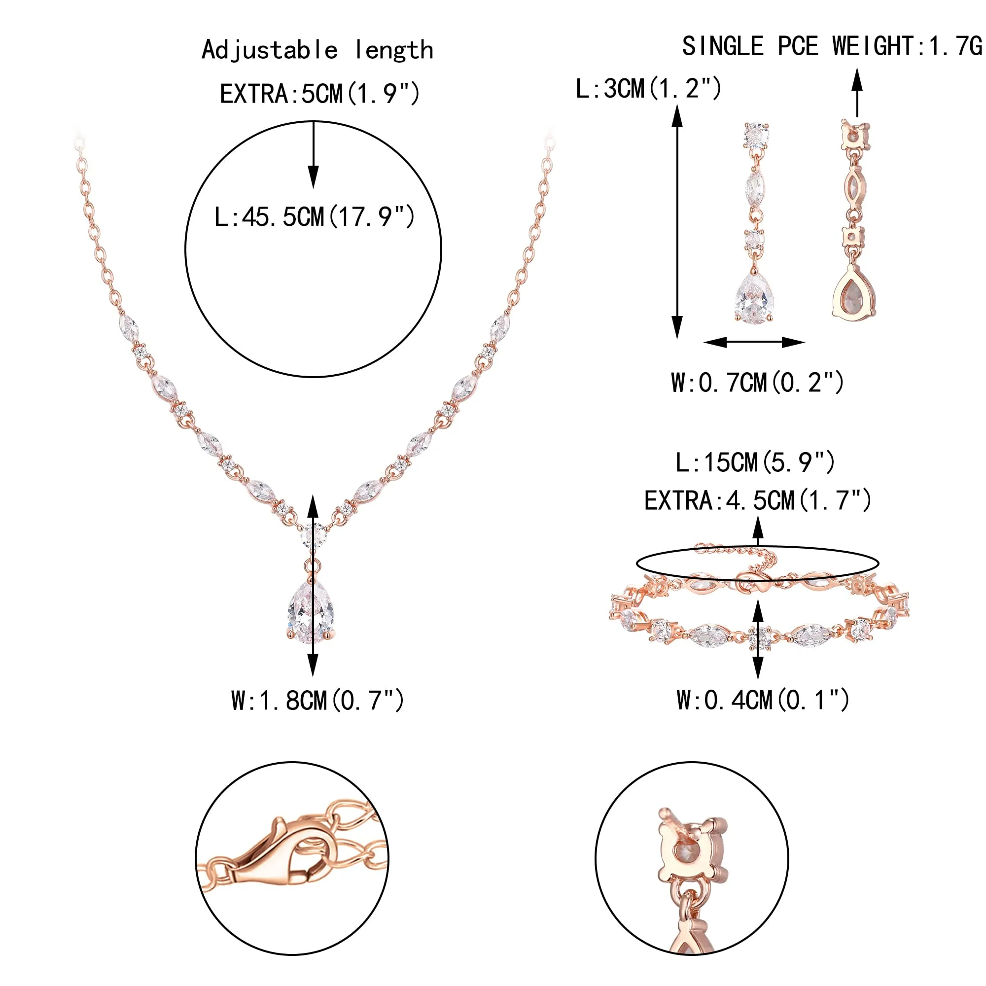 EVER FAITH Goccia Zirconia cubica Set di Gioielli da Sposa per la Damigella d'Onore, Scintillante CZ Elegante Collana Pendente Orecchini Pendenti per Le Donne Trasparente Rose Oro Fondo - immagine 6