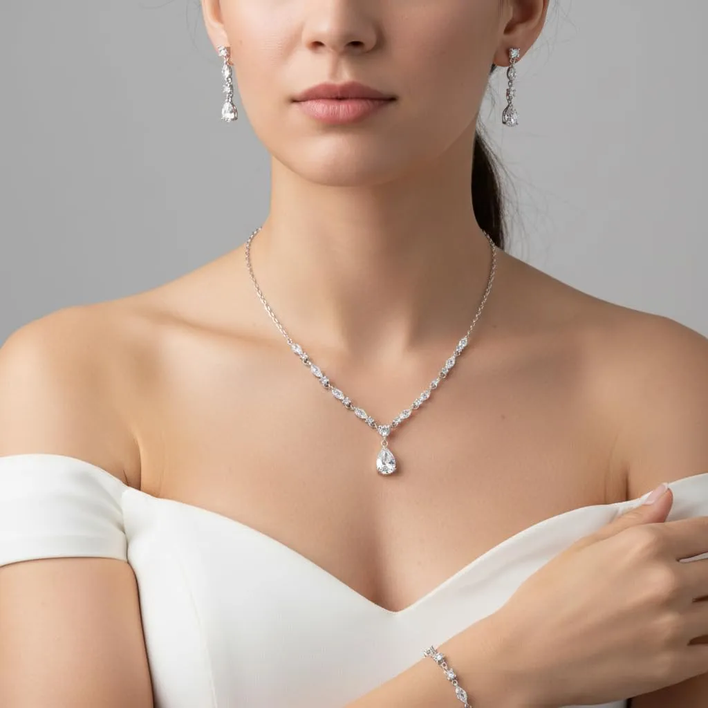 EVER FAITH Goccia Zirconia cubica Set di gioielli da sposa per la damigella d'onore, scintillante CZ elegante collana pendente orecchini pendenti set per le donne Trasparente Argento fondo - immagine 2
