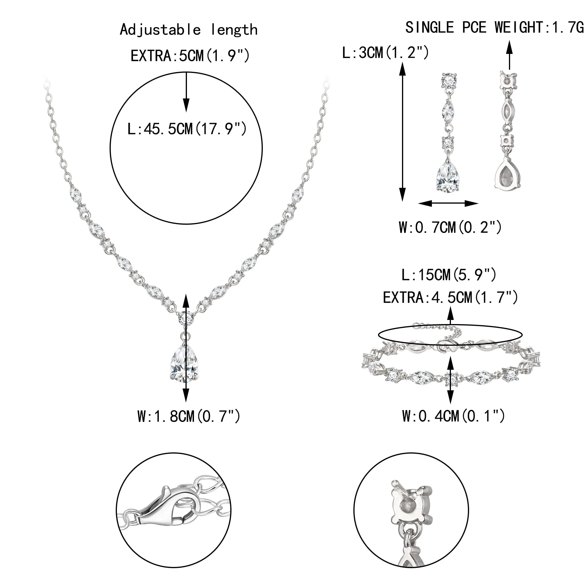 EVER FAITH Goccia Zirconia cubica Set di gioielli da sposa per la damigella d'onore, scintillante CZ elegante collana pendente orecchini pendenti set per le donne Trasparente Argento fondo - immagine 5
