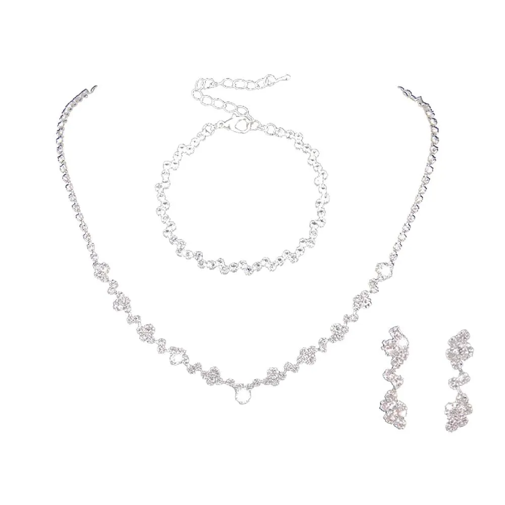 Clataly Bridal Wedding Collana Orecchini Braccialetto Set Argento Cristallo Damigelle Gioielli Accessori per le Donne Ragazze (Argento C) - immagine 1