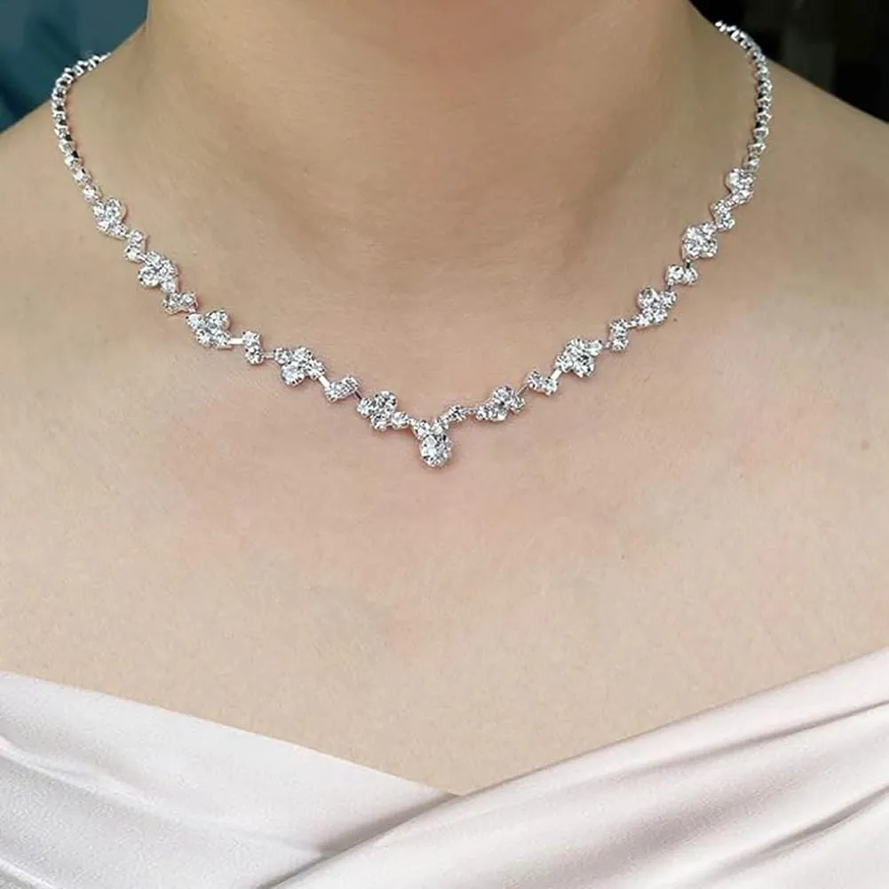 Clataly Bridal Wedding Collana Orecchini Braccialetto Set Argento Cristallo Damigelle Gioielli Accessori per le Donne Ragazze (Argento C) - immagine 2