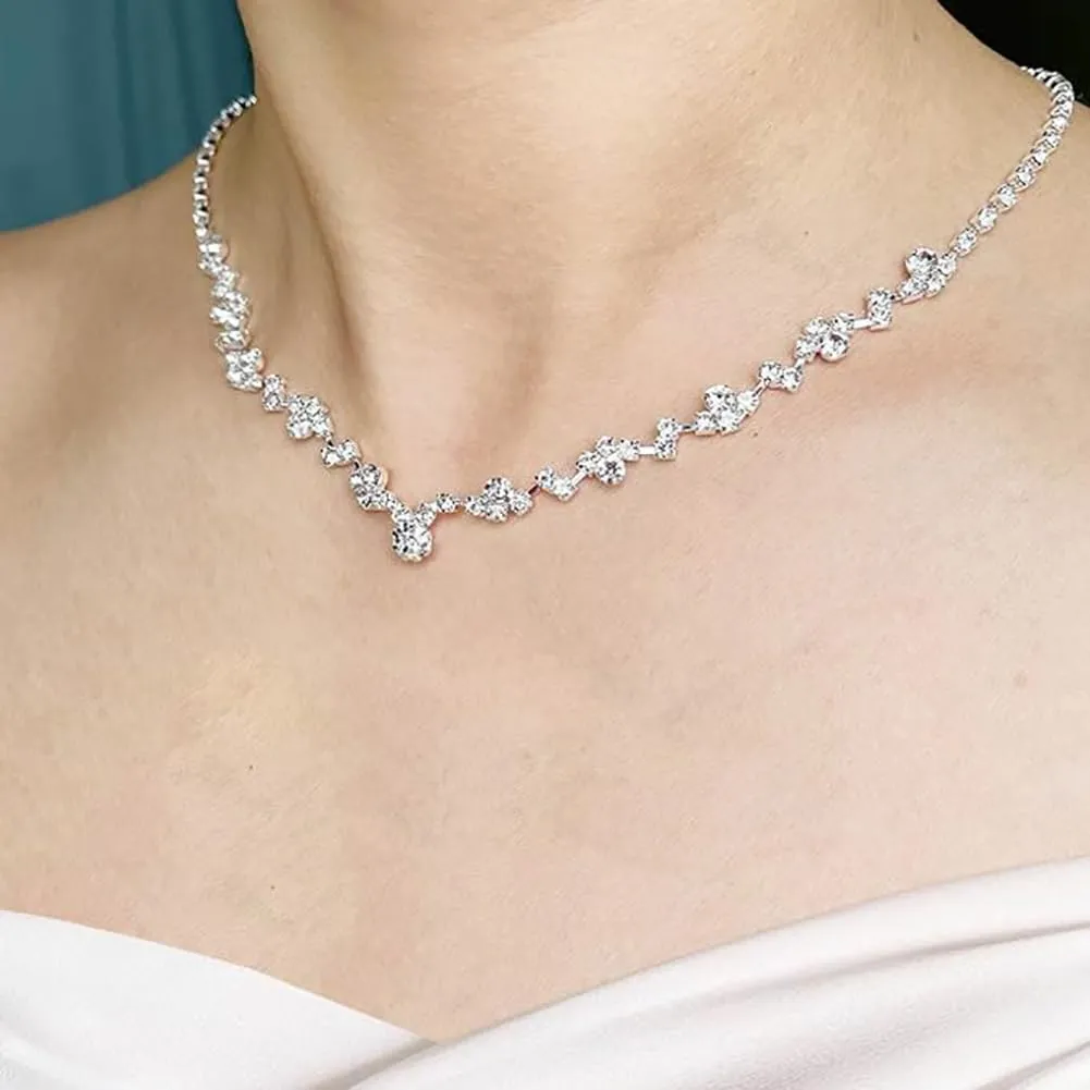 Clataly Bridal Wedding Collana Orecchini Braccialetto Set Argento Cristallo Damigelle Gioielli Accessori per le Donne Ragazze (Argento C) - immagine 3