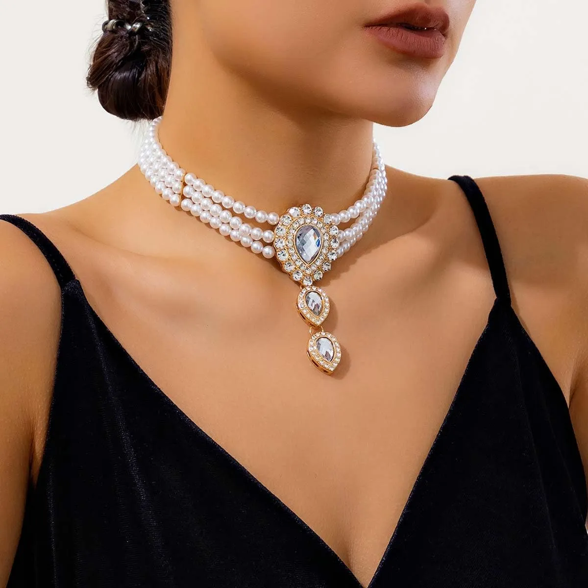 Carufin Retro Perla Collana Bracciali Sposa Collana Da Sposa Bracciali Collana Di Cristallo Gioielli Da Sposa Accessori per Le Donne Ragazze (Collana bianca) - immagine 2