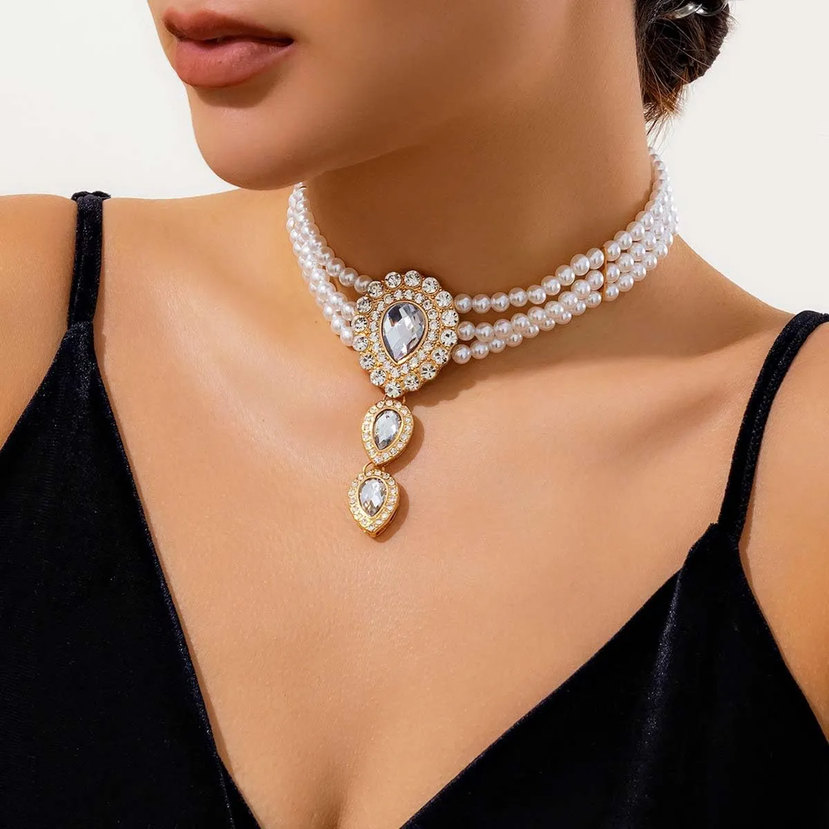 Carufin Retro Perla Collana Bracciali Sposa Collana Da Sposa Bracciali Collana Di Cristallo Gioielli Da Sposa Accessori per Le Donne Ragazze (Collana bianca) - immagine 3