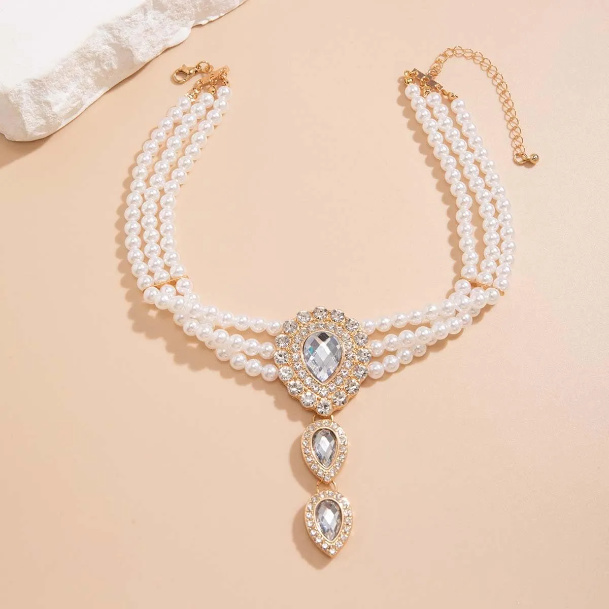 Carufin Retro Perla Collana Bracciali Sposa Collana Da Sposa Bracciali Collana Di Cristallo Gioielli Da Sposa Accessori per Le Donne Ragazze (Collana bianca) - immagine 4