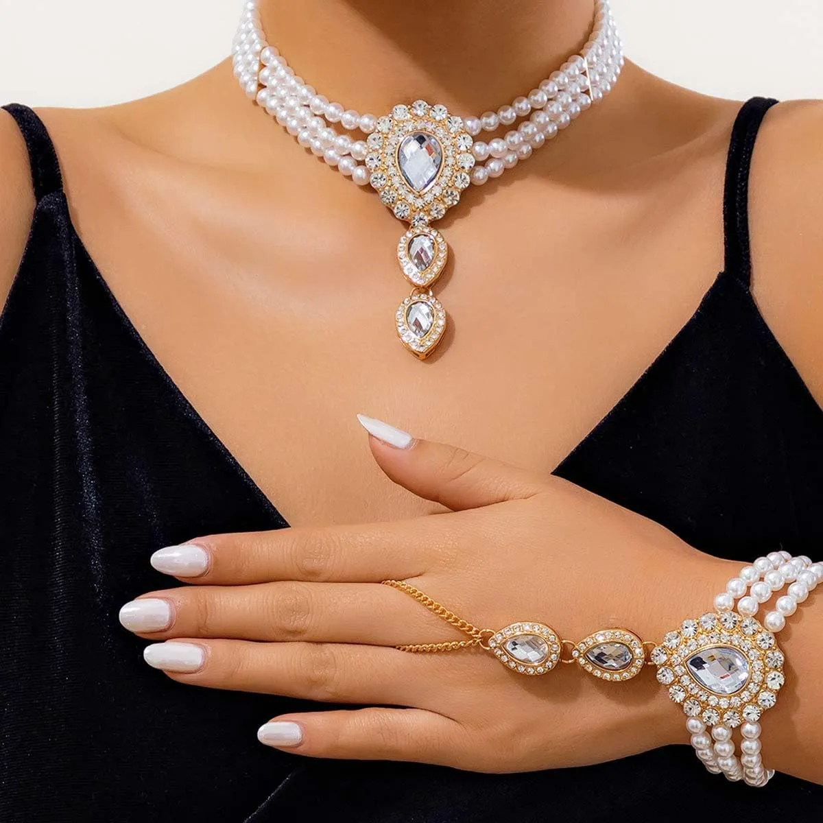 Carufin Retro Perla Collana Bracciali Sposa Collana Da Sposa Bracciali Collana Di Cristallo Gioielli Da Sposa Accessori per Le Donne Ragazze (Collana bianca) - immagine 6