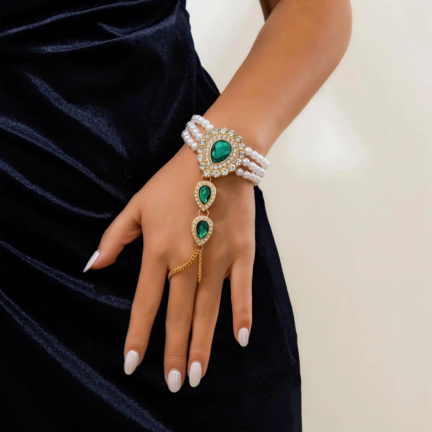 Carufin Retro Perla Collana Bracciali Sposa Collana Da Sposa Bracciali Collana Di Cristallo Gioielli Da Sposa Accessori per Le Donne Ragazze (Bracciale verde) - immagine 3