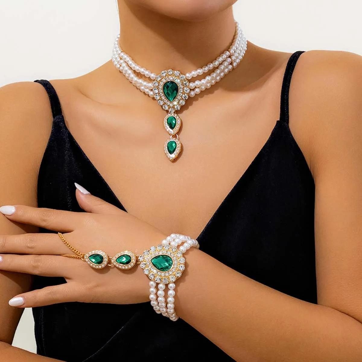 Carufin Retro Perla Collana Bracciali Sposa Collana Da Sposa Bracciali Collana Di Cristallo Gioielli Da Sposa Accessori per Le Donne Ragazze (Bracciale verde) - immagine 6