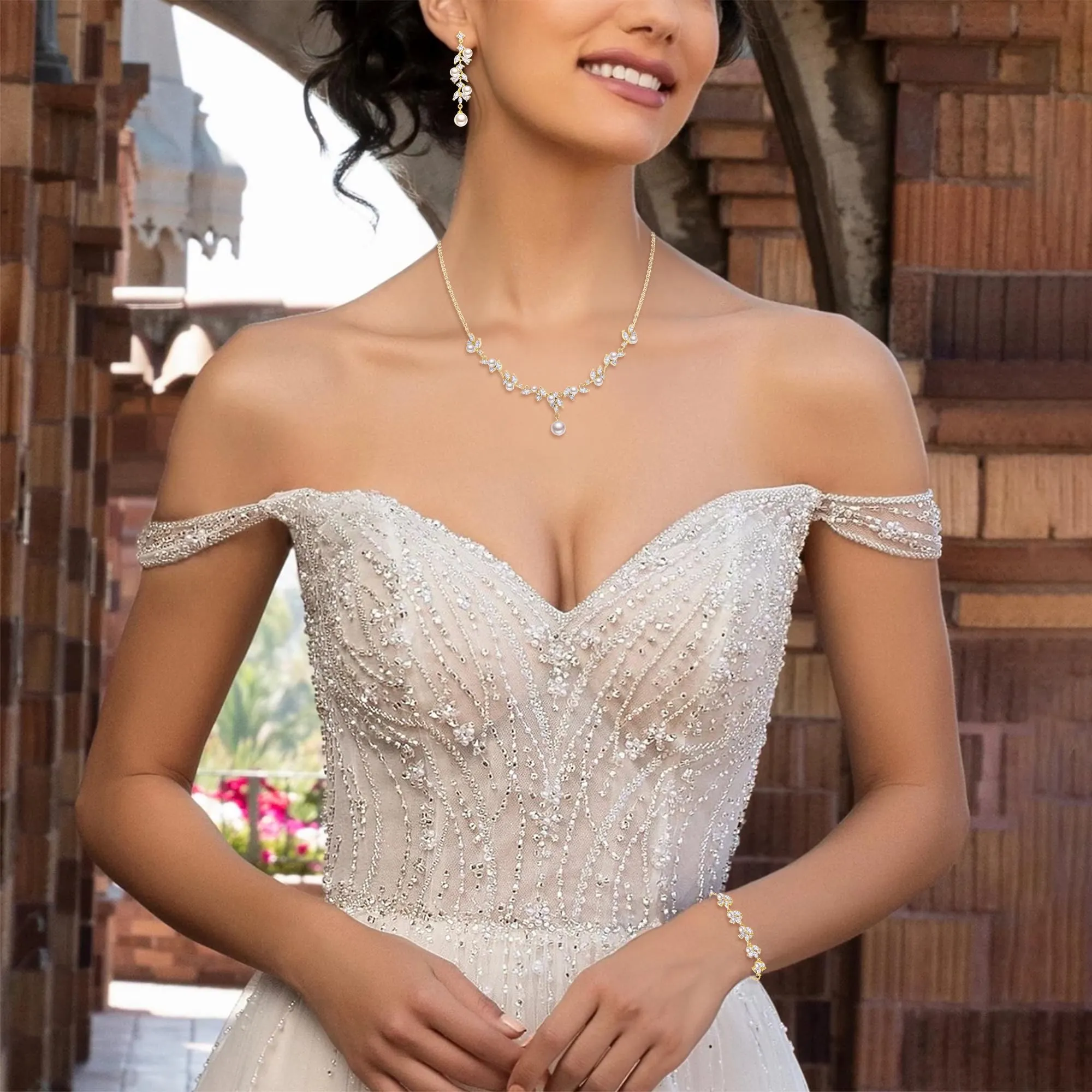 Clearine Set di gioielli da sposa con perle di colore avorio, artificiali, marchese, zirconi, Perla sintetica Zirconia cubica artificiale, - immagine 3