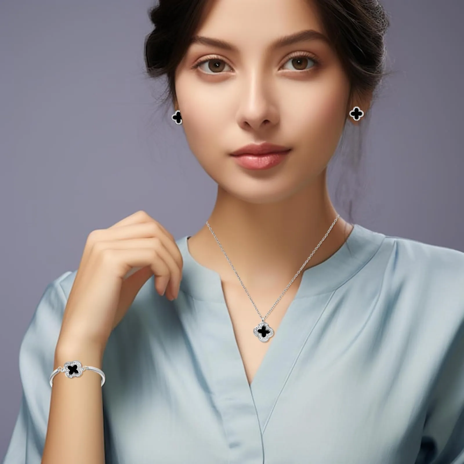 Hanaoops Set di Gioielli per Donna Zirconi Cubici Ciondolo a Forma di Quadrifoglio Collana Orecchini Bracciale Ipoallergenico Regalo di Gioielli - immagine 6