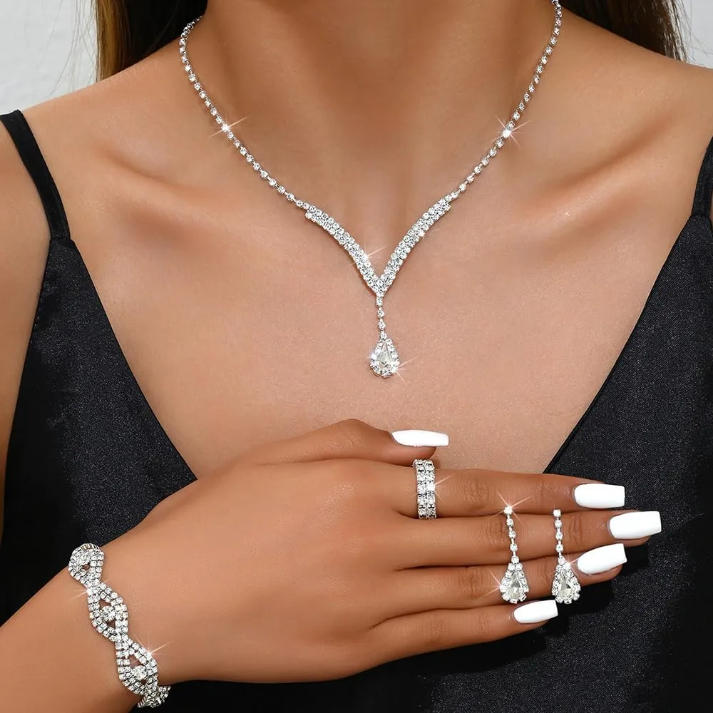 KBRPEY Parure Gioielli Set per Donna Collana con Pendente Orecchini Bracciali e Anelli Set da Gioielli Set per Prom per Ragazze (Argento) - immagine 3