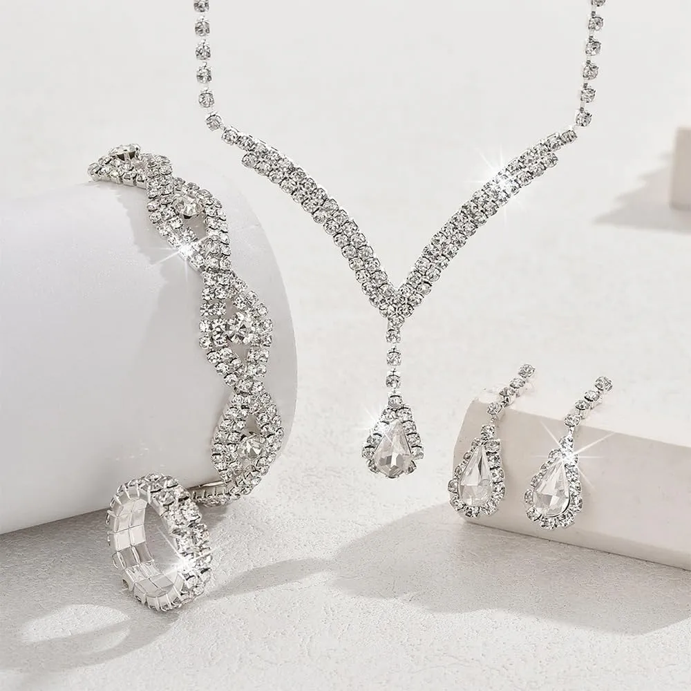 KBRPEY Parure Gioielli Set per Donna Collana con Pendente Orecchini Bracciali e Anelli Set da Gioielli Set per Prom per Ragazze (Argento) - immagine 7