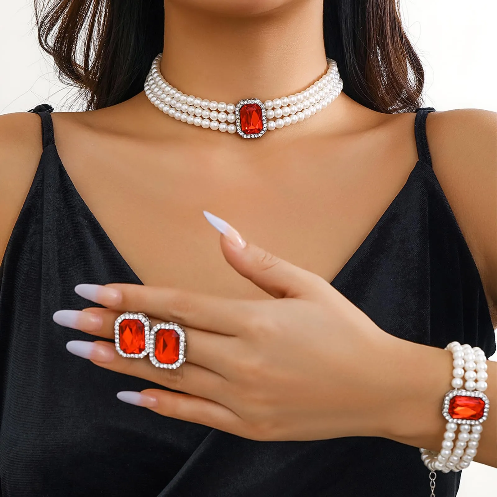 Gkaopi 3 Pezzi Parure Gioielli di Perle Set Collana e Braccialetto di Perle Multistrato Orecchini di Cristallo Geometrici Vintage Regalo Compleanno Festa Della Mamma Anniversario Regalo per Donna - immagine 2