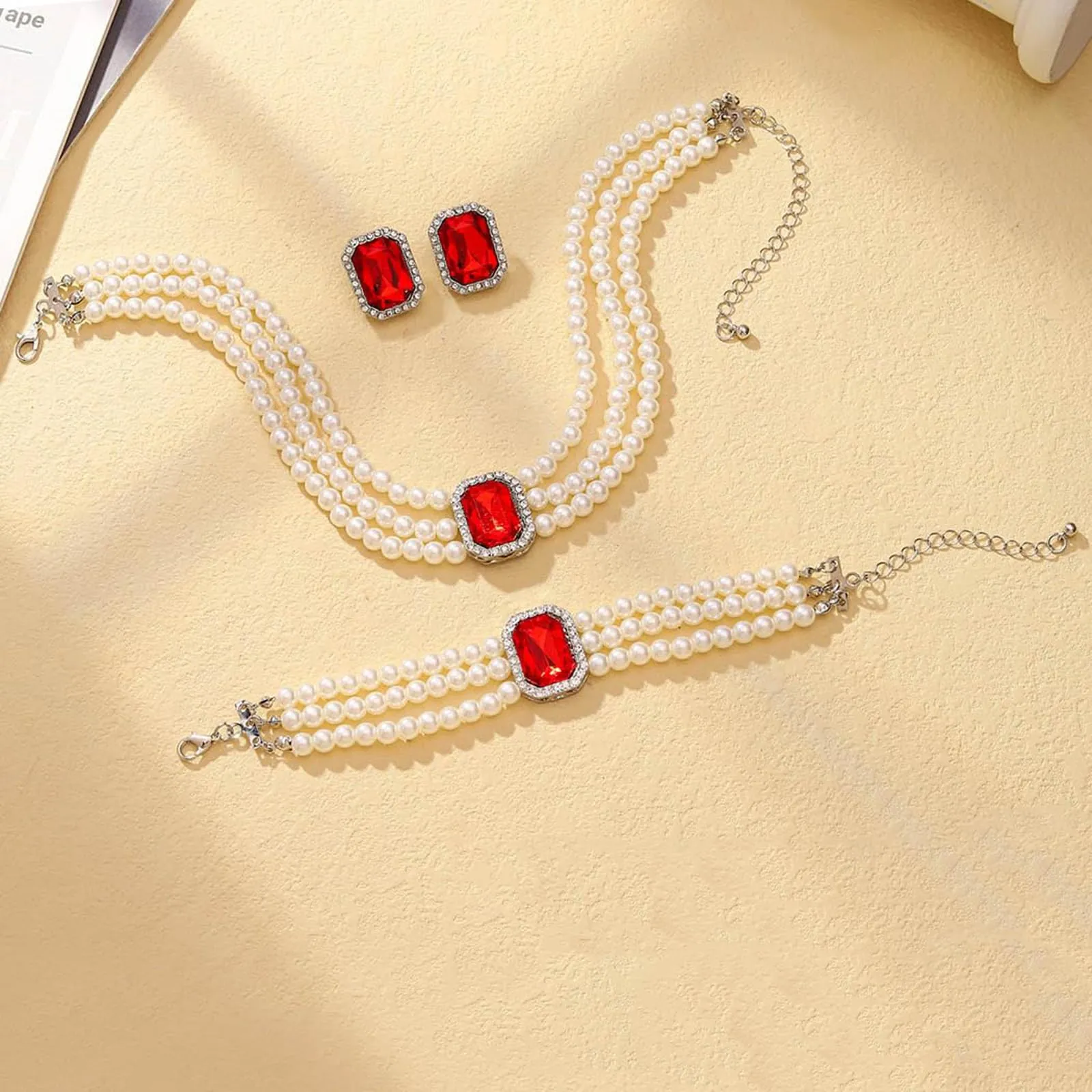 Gkaopi 3 Pezzi Parure Gioielli di Perle Set Collana e Braccialetto di Perle Multistrato Orecchini di Cristallo Geometrici Vintage Regalo Compleanno Festa Della Mamma Anniversario Regalo per Donna - immagine 5