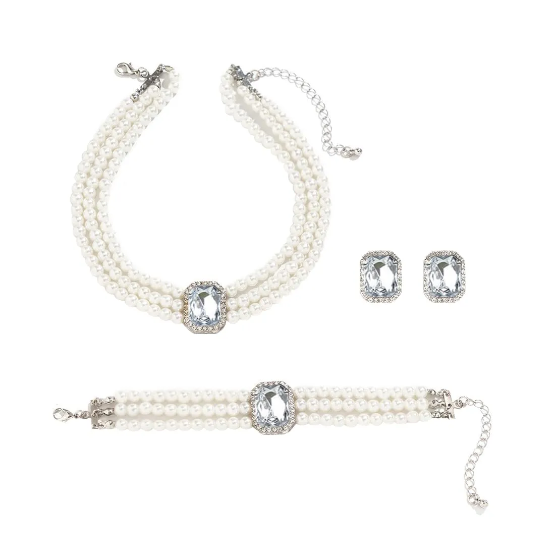 Gkaopi 3 Pezzi Parure Gioielli di Perle Set Collana e Braccialetto di Perle Multistrato Orecchini di Cristallo Geometrici Vintage Regalo Compleanno Festa Della Mamma Anniversario Regalo per Donna - immagine 1