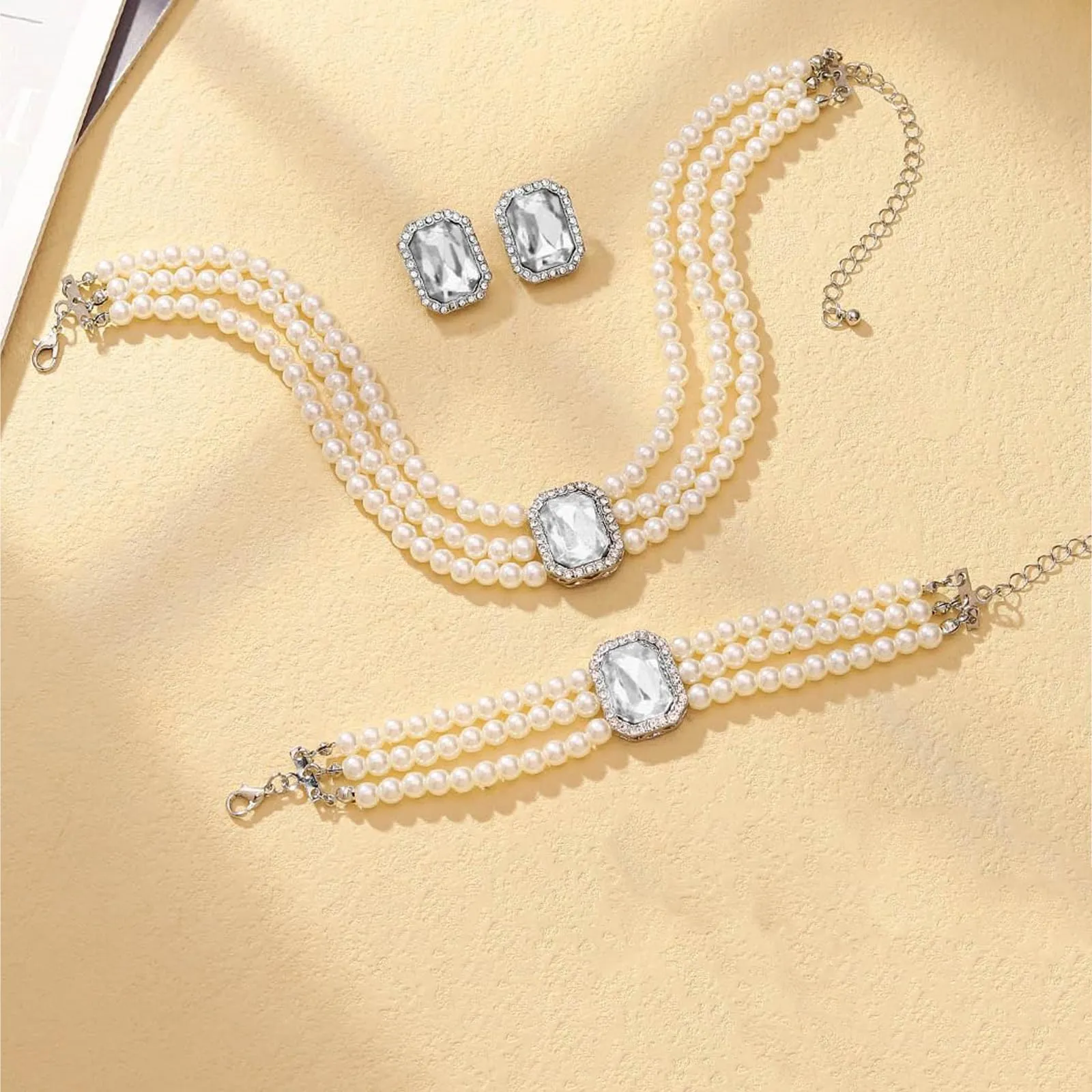 Gkaopi 3 Pezzi Parure Gioielli di Perle Set Collana e Braccialetto di Perle Multistrato Orecchini di Cristallo Geometrici Vintage Regalo Compleanno Festa Della Mamma Anniversario Regalo per Donna - immagine 5