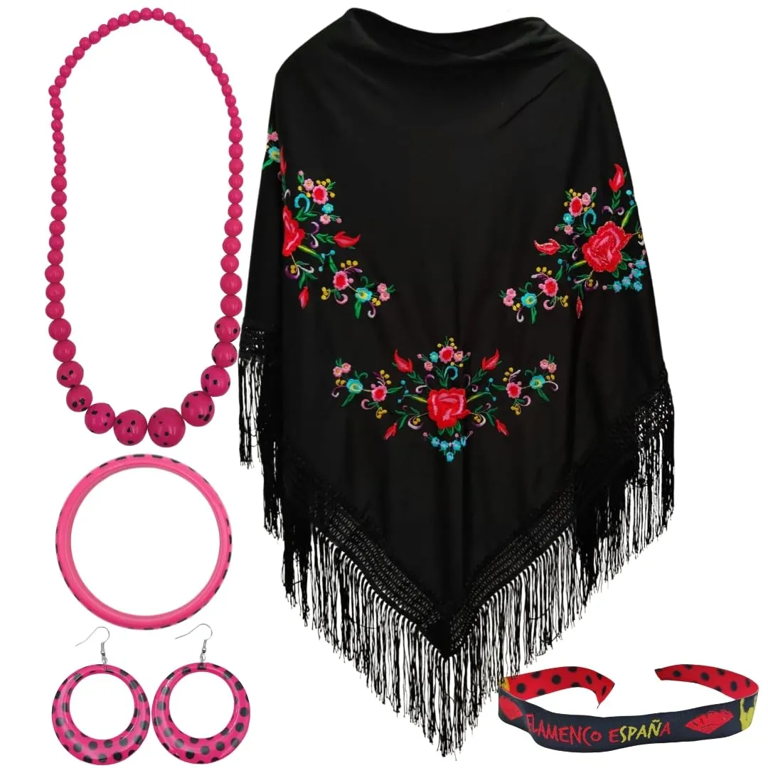 Planta Color Confezione di accessori Fenicotteri: Scialle di Manila Ricamo con Fiori, Collana, Braccialetto, Orecchini e Braccialetto ricamato. Per feste popolari ed eventi (nero 3 fiori) - immagine 1