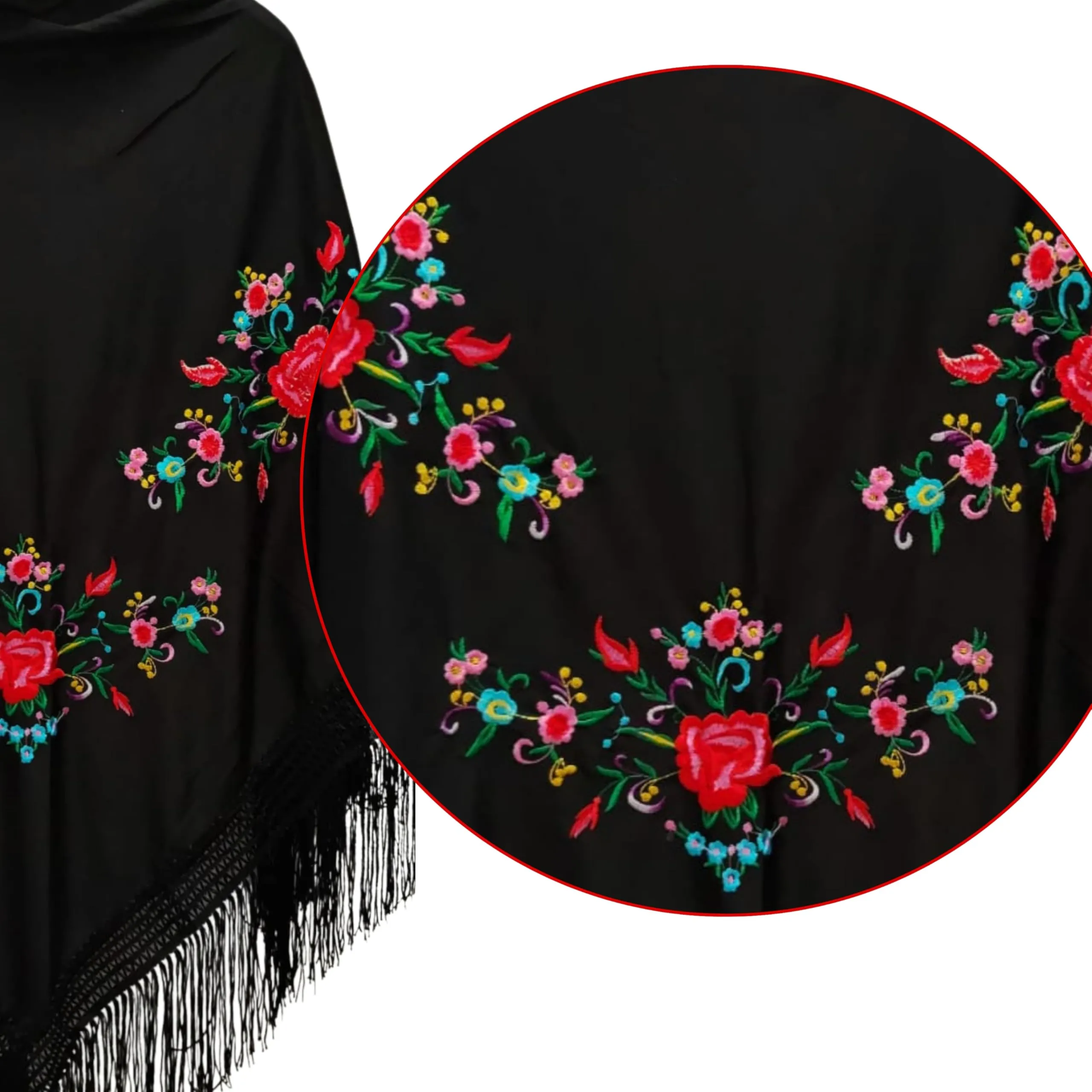 Planta Color Confezione di accessori Fenicotteri: Scialle di Manila Ricamo con Fiori, Collana, Braccialetto, Orecchini e Braccialetto ricamato. Per feste popolari ed eventi (nero 3 fiori) - immagine 2