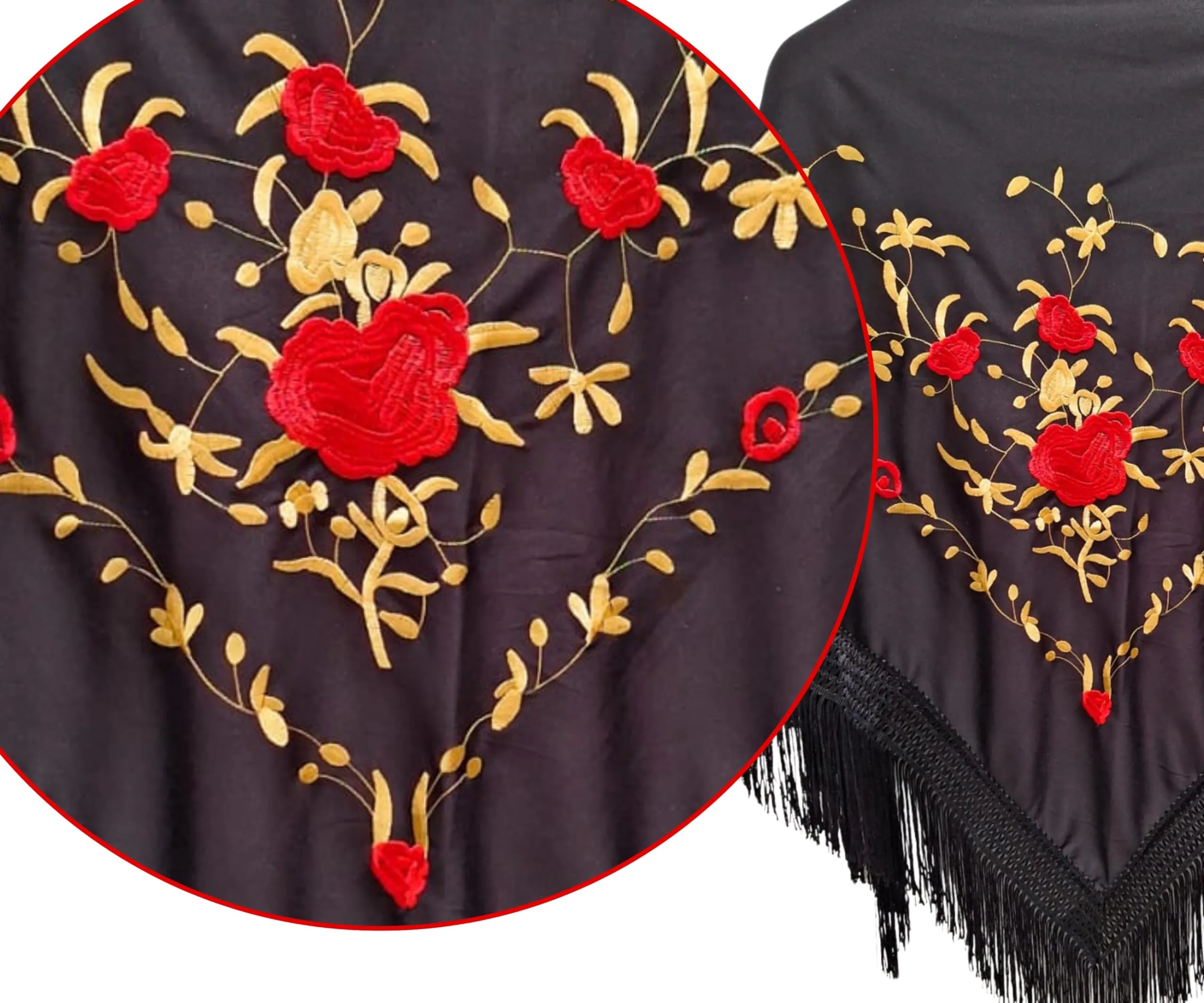Planta Color Scialle Ricamo Fiori con Accessori, Nero Rosso E Oro, L - immagine 5