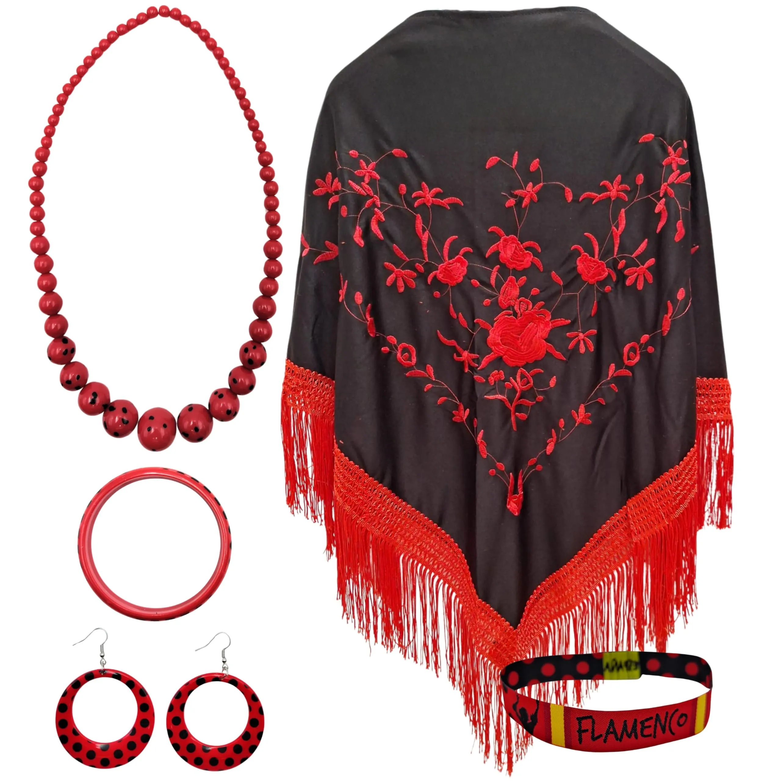 Planta Color Scialle Ricamo di Fiori con Perline a Pois, Collana, Bracciale e Orecchini) e Braccialetto in Tessuto con Design per Amanti del Fenicottero (Nero Rosso Frange Rosse) - immagine 1