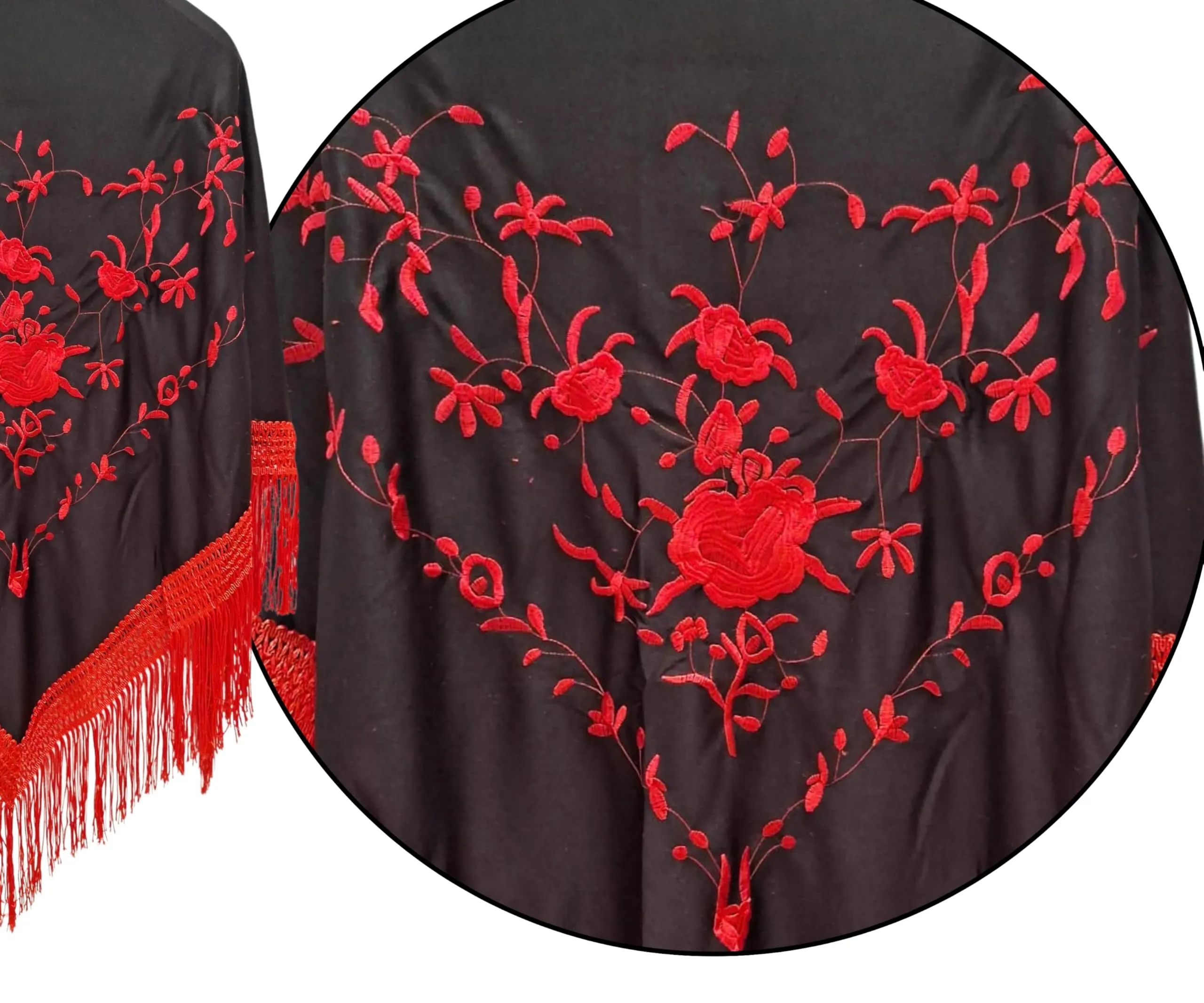 Planta Color Scialle Ricamo di Fiori con Perline a Pois, Collana, Bracciale e Orecchini) e Braccialetto in Tessuto con Design per Amanti del Fenicottero (Nero Rosso Frange Rosse) - immagine 5