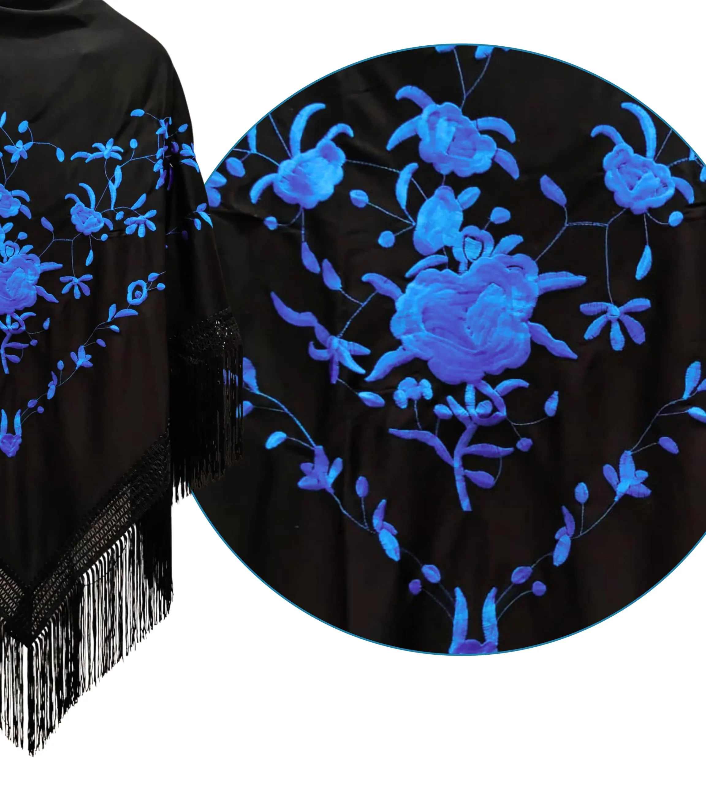 Planta Color Scialle Ricamo Fiori con Accessori, Nero Fiori E Frange Blu, L - immagine 2