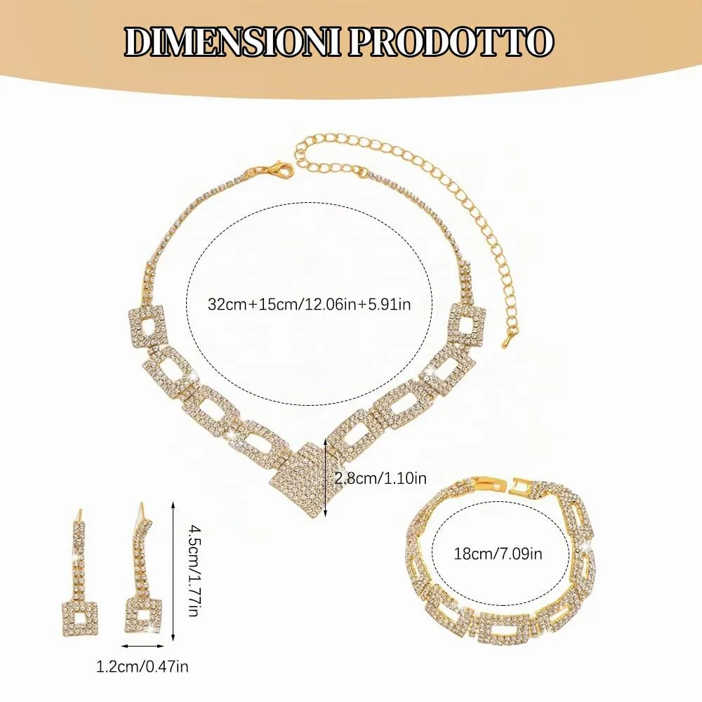 XFSRG Set di Gioielli Donna 3 Pezzi Parure Collana Orecchini e Bracciale Strass Scintillanti Argento Regolabili per Matrimonio e Serate Eleganti (Oro) - immagine 2