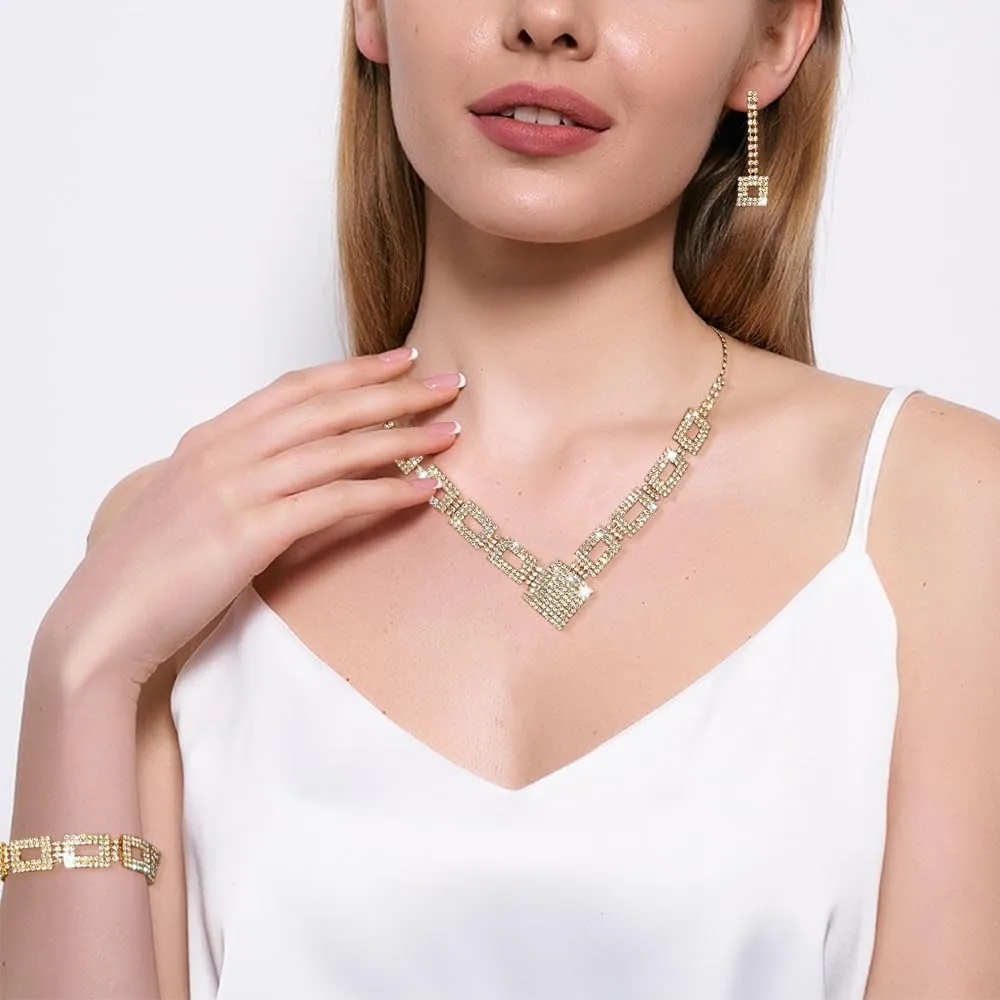 XFSRG Set di Gioielli Donna 3 Pezzi Parure Collana Orecchini e Bracciale Strass Scintillanti Argento Regolabili per Matrimonio e Serate Eleganti (Oro) - immagine 5